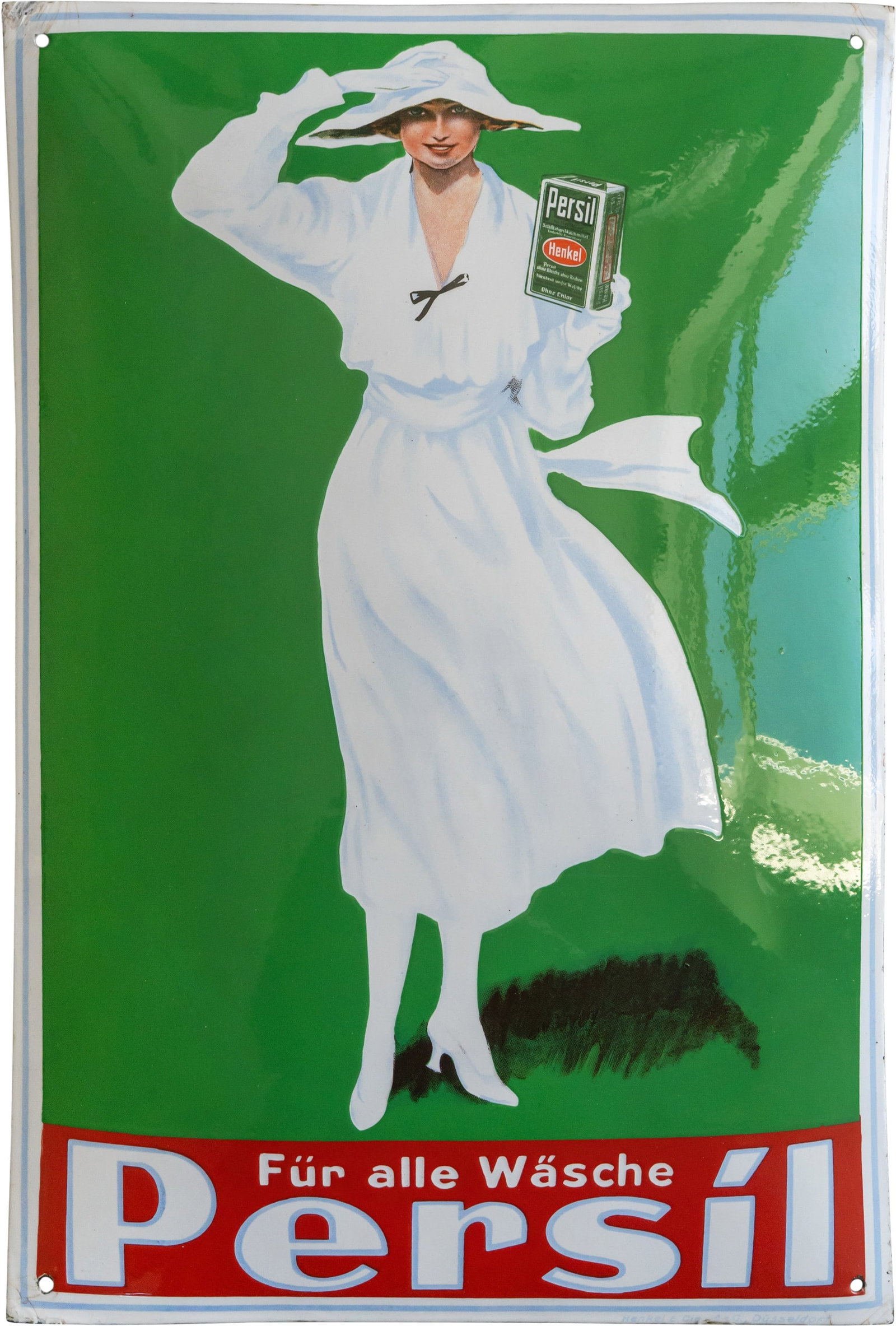 Persil “White Lady?? enamel sign, a dream of shine and colour! Düsseldorf, c. 1920 (1+): Persil “White Lady” enamel sign, a dream of shine and colour! Düsseldorf, c. 1920 (1+)Persil “White Lady” enamel sign, domed, with stenciled and lithographed enamel work. It is fascin