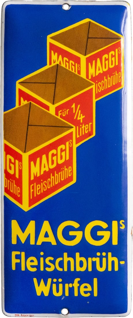 Enamel sign for Maggi's meat broth cubes, Berlin and Singen, circa 1920 (1): Enamel sign for Maggi's meat broth cubes, Berlin and Singen, circa 1920 (1)Enamel sign, door sign for Maggi's 3 cubes, convex. Enamel stenciled and printed. Very good gloss and perfect colors; the ori