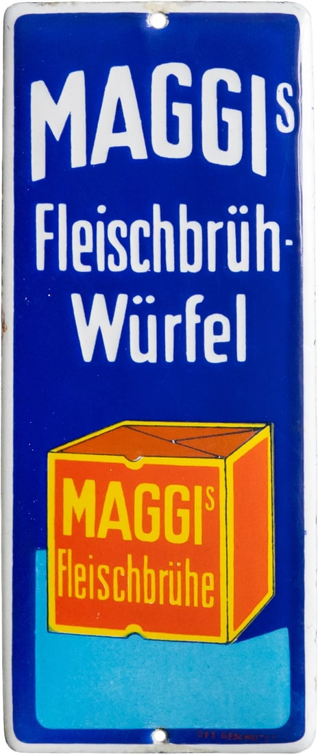 Maggi Meat Stock Cube Enamel Sign, Berlin and Singen, circa 1920 (1): Maggi Meat Stock Cube Enamel Sign, Berlin and Singen, circa 1920 (1)Maggi enamel door sign, convex. Enamel stenciled and printed. Impressive high gloss and perfect colors; very fine scratches are visi