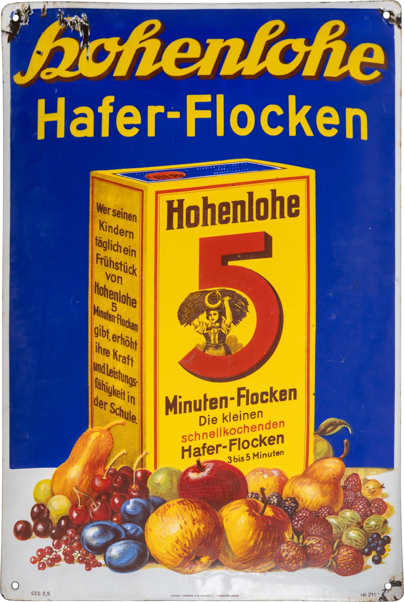 Enamel sign Hohenlohe Oat Flakes, Kassel circa 1930 (2-): Enamel sign Hohenlohe Oat Flakes, Kassel circa 1930 (2-)Enamel sign Hohenlohe Oat Flakes, convex, enamel stenciled and lithographed. Good gloss, surprisingly intense reds and colors, superficial scrat