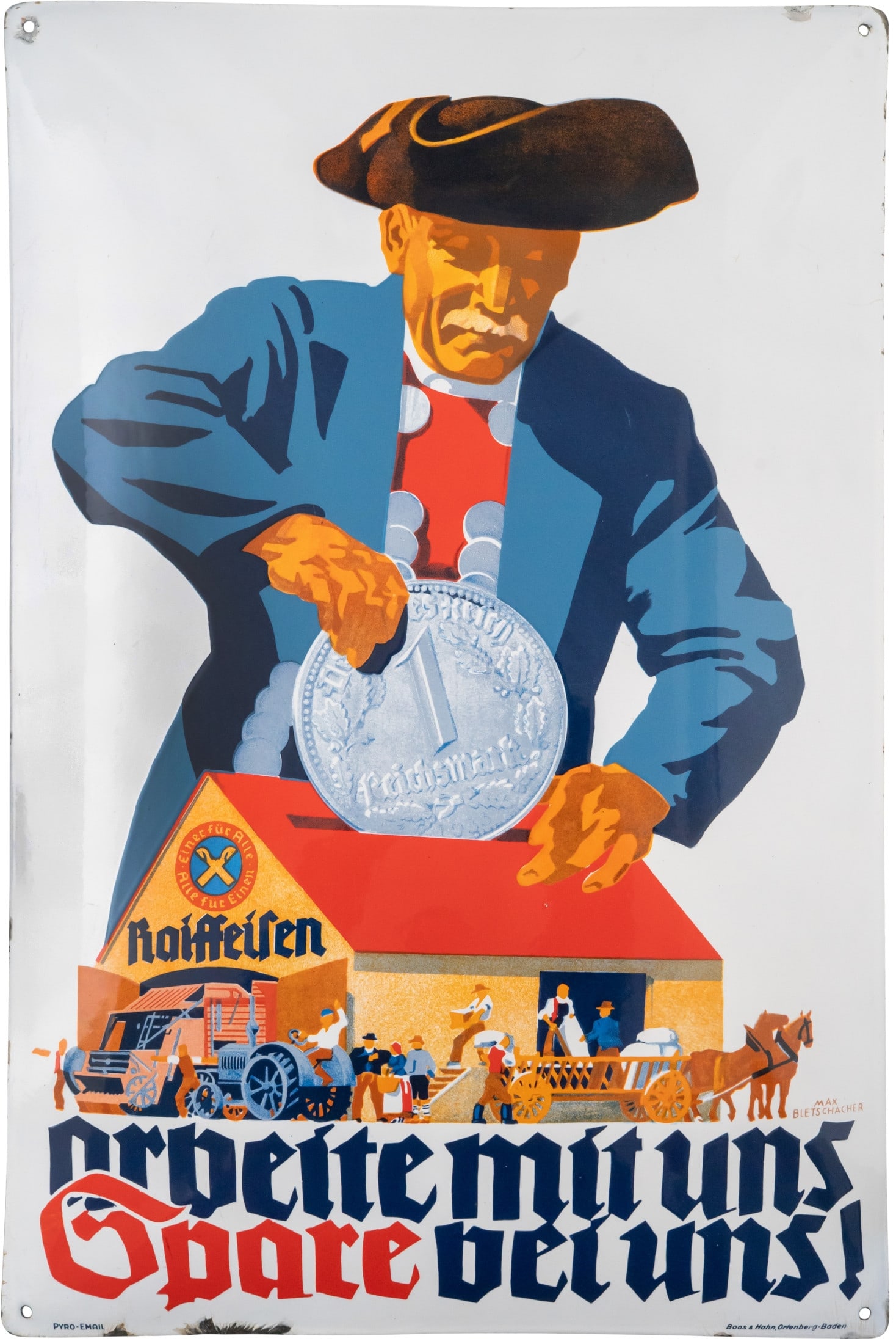 Raiffeisen enamel sign, signed Max Bletschacher, c. 1930 (1-) (1 of 7)