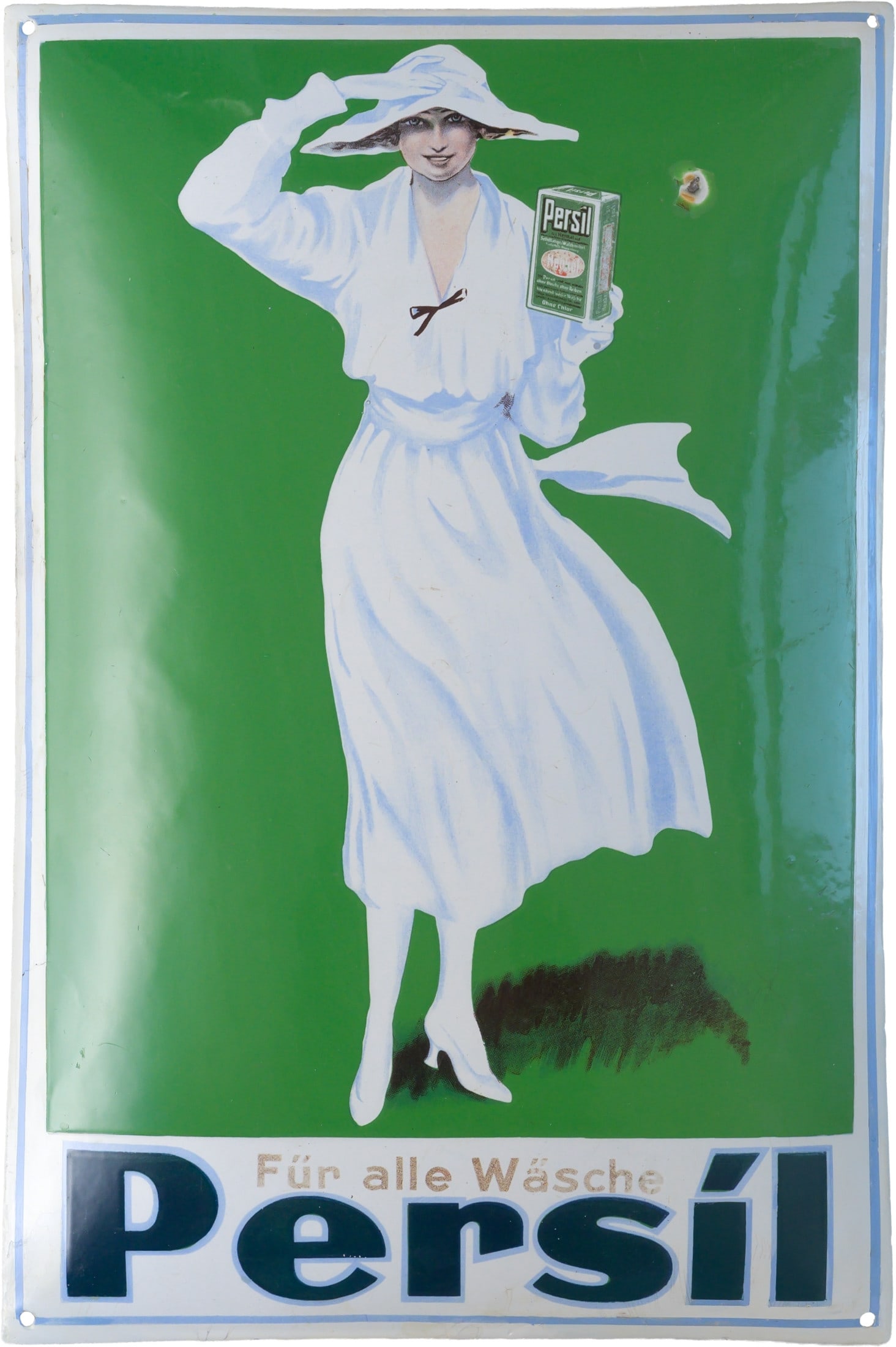 Persil “White Lady?? enamel sign, Düsseldorf, c. 1920 (R): Persil “White Lady” enamel sign, Düsseldorf, c. 1920 (R)Persil “White Lady” enamel sign, domed, with stenciled and lithographed enamel work. Shown here in the version with white lette