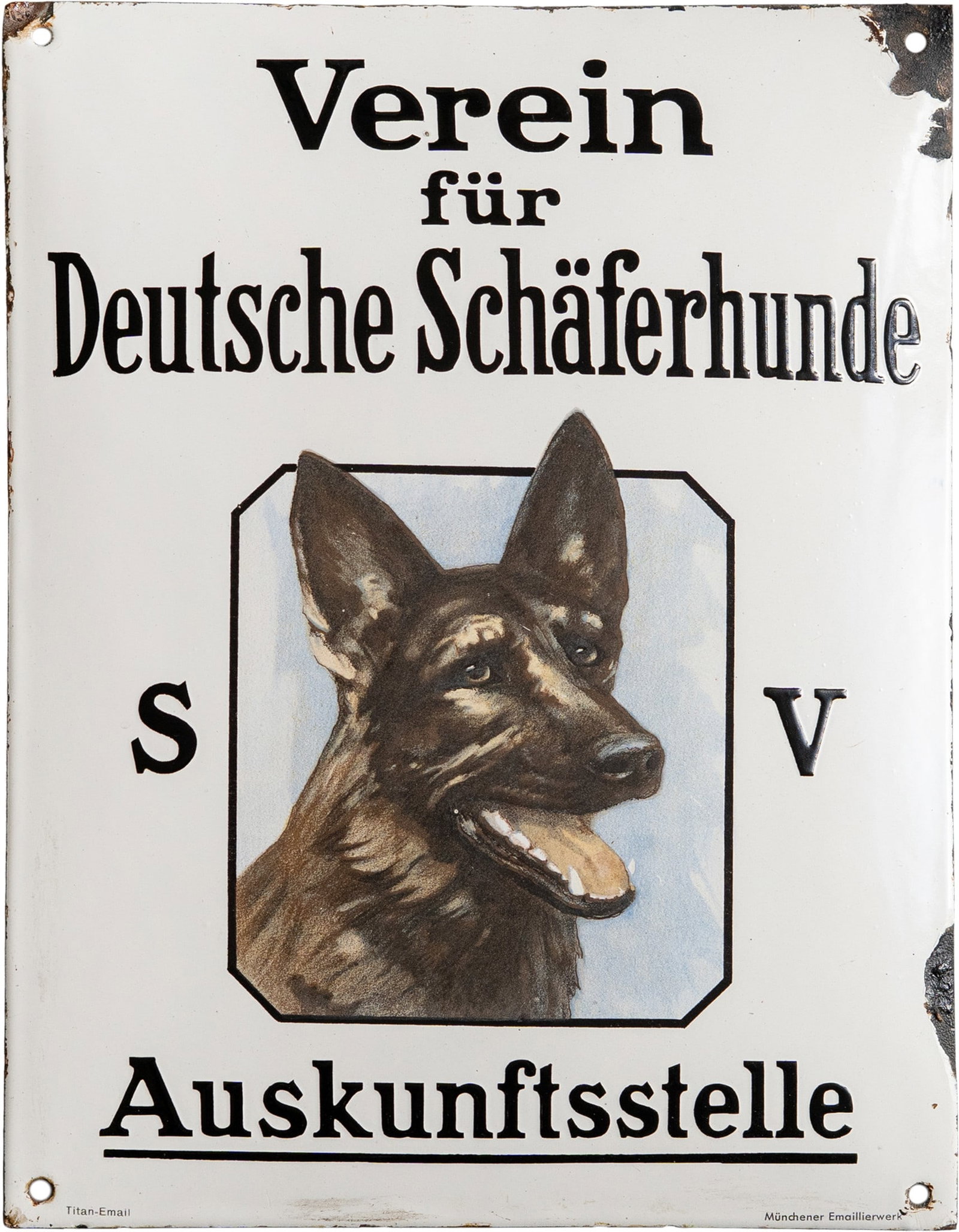 Enamel sign from the German Shepherd Dog Association, c. 1930 (1-): Enamel sign from the German Shepherd Dog Association, c. 1930 (1-)Enamel sign German Shepherd Dogs, domed, with raised stenciled lettering and a finely lithographed motif. Excellent lustre and colour,