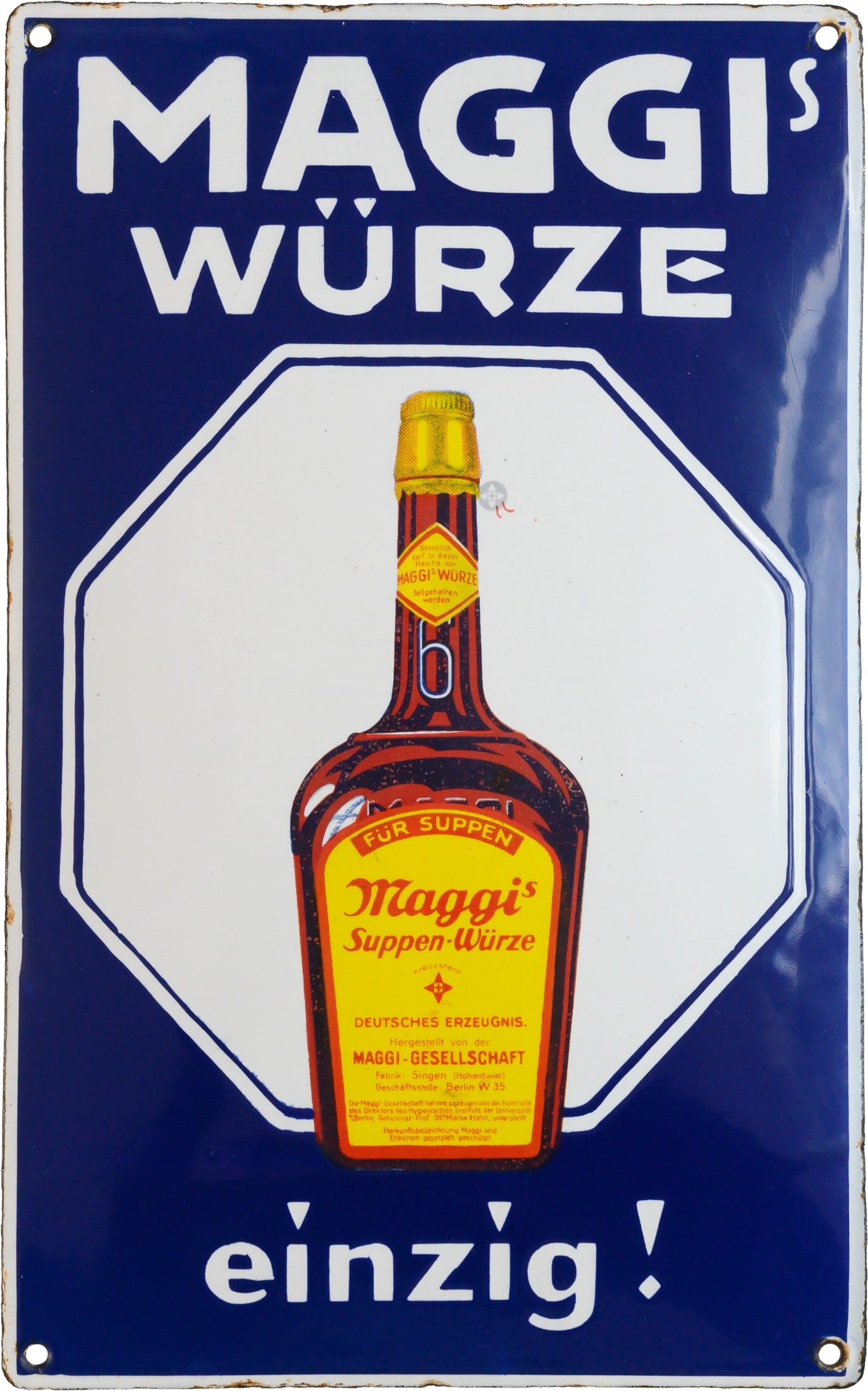 Enamel sign Maggi's Seasoning, unique, Berlin/Singen circa 1920 (1): Enamel sign Maggi's Seasoning, unique, Berlin/Singen circa 1920 (1)Enamel sign Maggi's Seasoning, unique, convex, enamel stenciled and lithographed. Very good gloss and color, a few barely visible mic