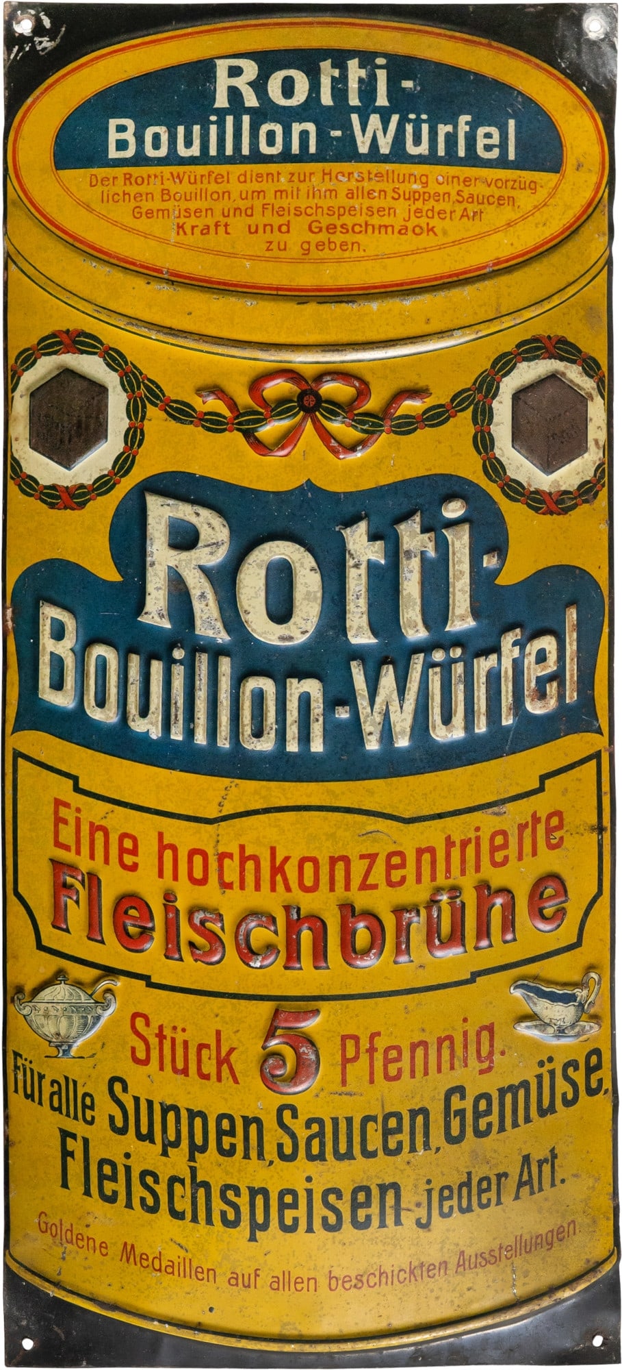 Tin sign featuring Rotti bouillon cubes, 5 pfennigs each, Munich circa 1910 (2-) (1 of 7)