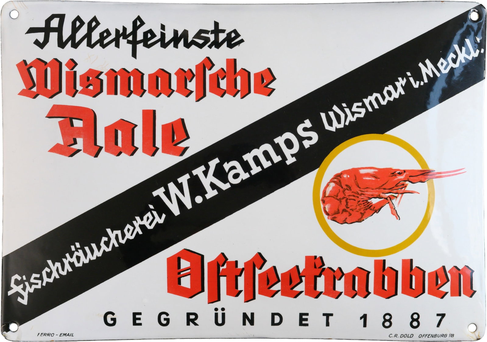 Enamel sign depicting Wismar eels and Baltic crabs, Wismar circa 1930 (1): Enamel sign depicting Wismar eels and Baltic crabs, Wismar circa 1930 (1)Enamel sign featuring the finest Wismar eels and Baltic crabs, convex, enamel printed and lithographed. Extremely rare sign wit
