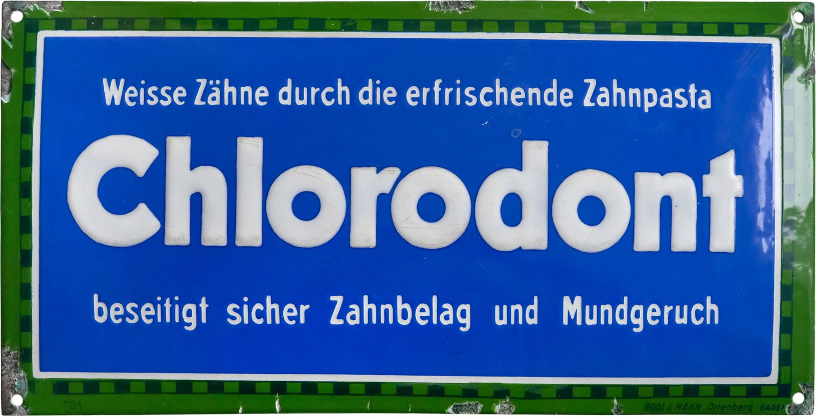 Chlorodont enamel sign, Dresden, c. 1920 (2+): Chlorodont enamel sign, Dresden, c. 1920 (2+)Chlorodont enamel sign, domed, with stenciled and overprinted enamel work; lettering very raised, icing-like, filled in. Good lustre, very good colours. Th