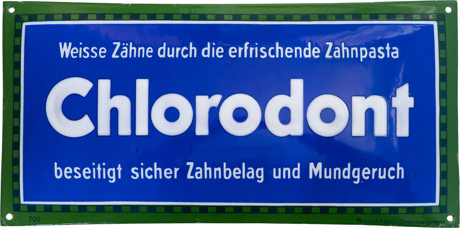 Chlorodont enamel sign, icing-style, Dresden, c. 1920 (1+): Chlorodont enamel sign, icing-style, Dresden, c. 1920 (1+)Chlorodont enamel sign, domed, lettering beautifully raised, icing-style, filled, stenciled and overprinted. Perfect in lustre and colour, sur