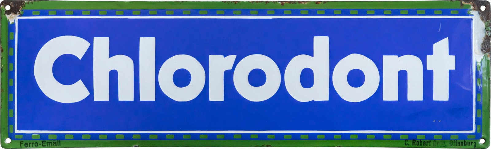 Chlorodont Enamel Sign, Dresden, circa 1920 (2): Chlorodont Enamel Sign, Dresden, circa 1920 (2)Chlorodont enamel sign, convex, stenciled enamel. Freshly fired, glossy surface, rich colors, hardly any scratches. Marked: Ferro-Email, C. Robert Dold, 