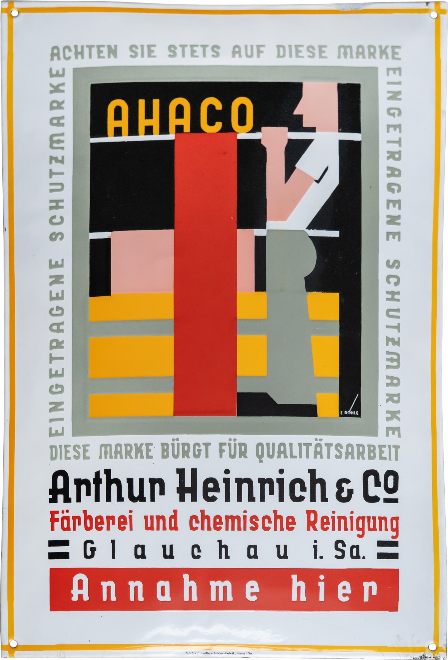 Enamel sign Ahaco, Bauhaus design, Erich Röhle, Glauchau in Saxony, around 1920 (1): Enamel sign Ahaco, Bauhaus design, Erich Röhle, Glauchau in Saxony, around 1920 (1)Enamel sign Ahaco, curved, stenciled enamel. Very good gloss and colours, surface free of scratches. The sign has pr