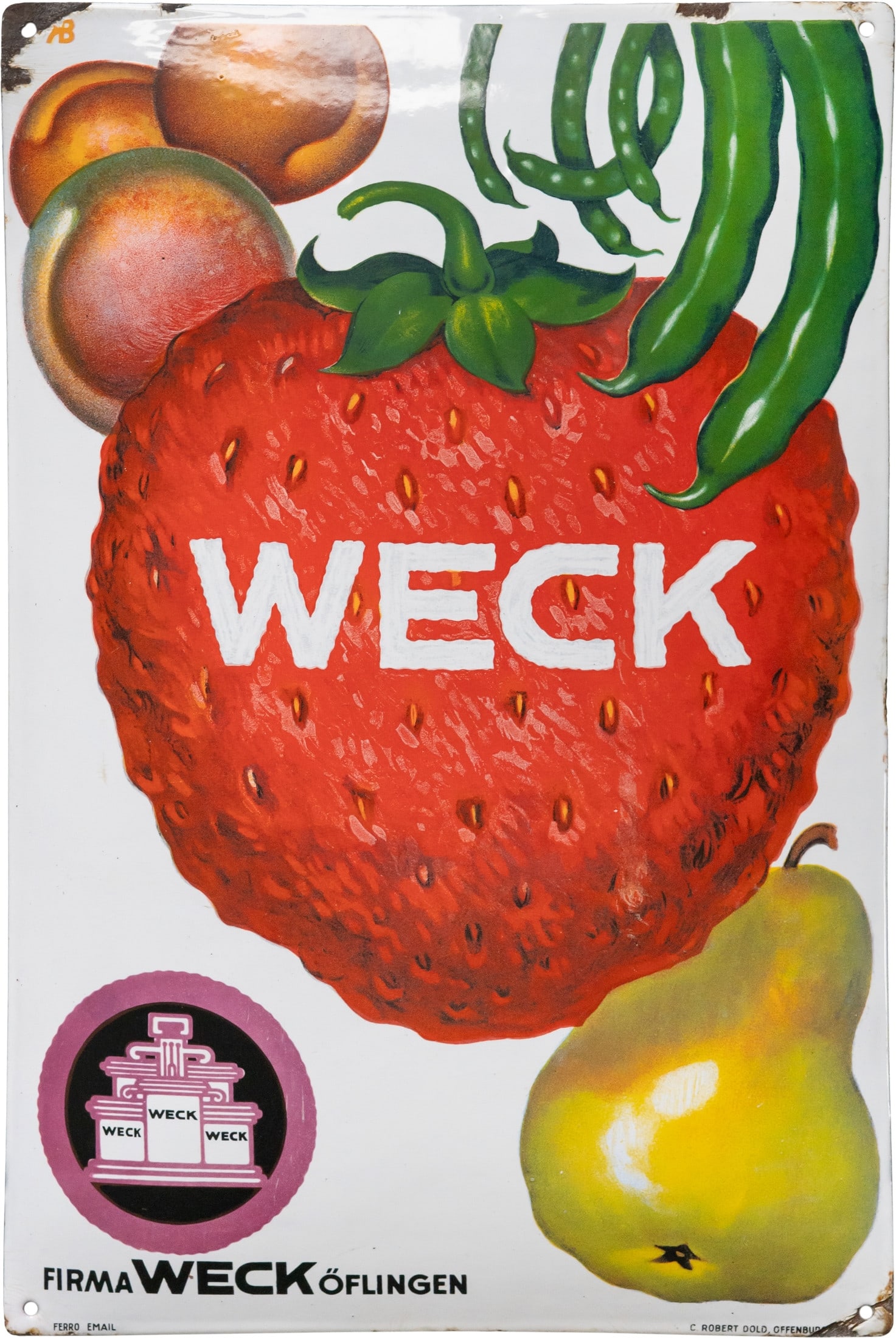Weck enamel sign, strawberry, Karl Bickel, Öflingen, c. 1920, a dream of a shine! (1): Weck enamel sign, strawberry, Karl Bickel, Öflingen, c. 1920, a dream of a shine! (1)Weck Strawberry enamel sign, domed, enamelling stenciled and lithographed. It is truly impressive to see this larg