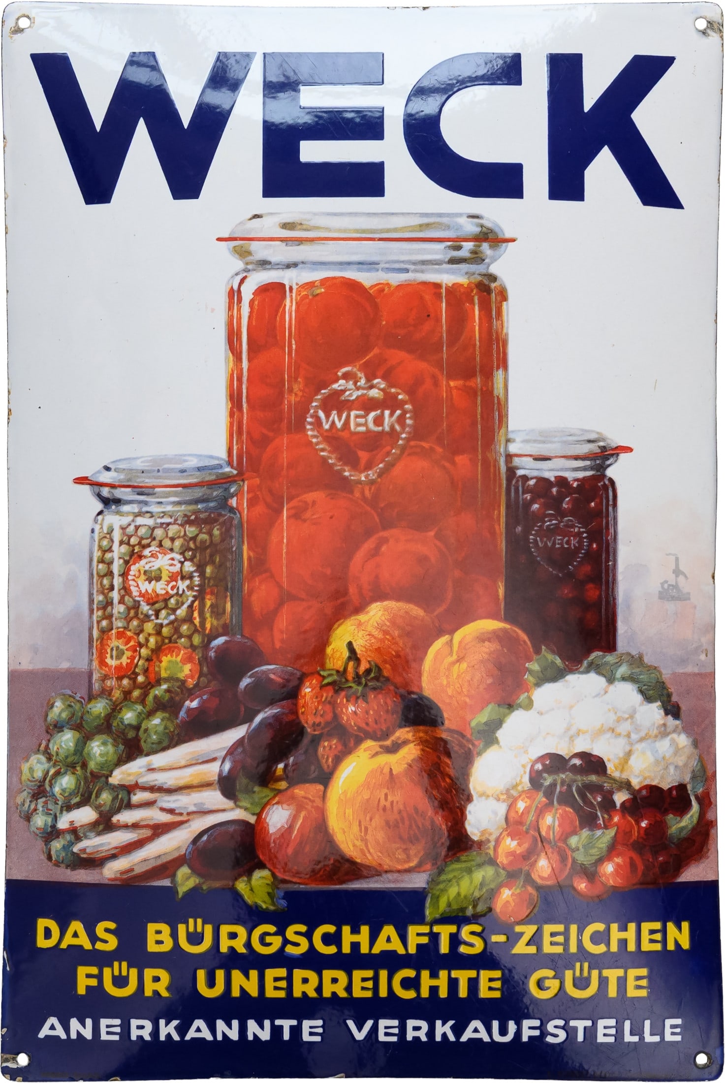 Weck Enamel Sign, in Dreamlike Splendor! Öflingen, circa 1920 (1-): Weck Enamel Sign, in Dreamlike Splendor! Öflingen, circa 1920 (1-)Convex Weck enamel sign, stenciled and lithographed enamel. It's always fascinating to see the Weck sign with such vibrant colors. Th