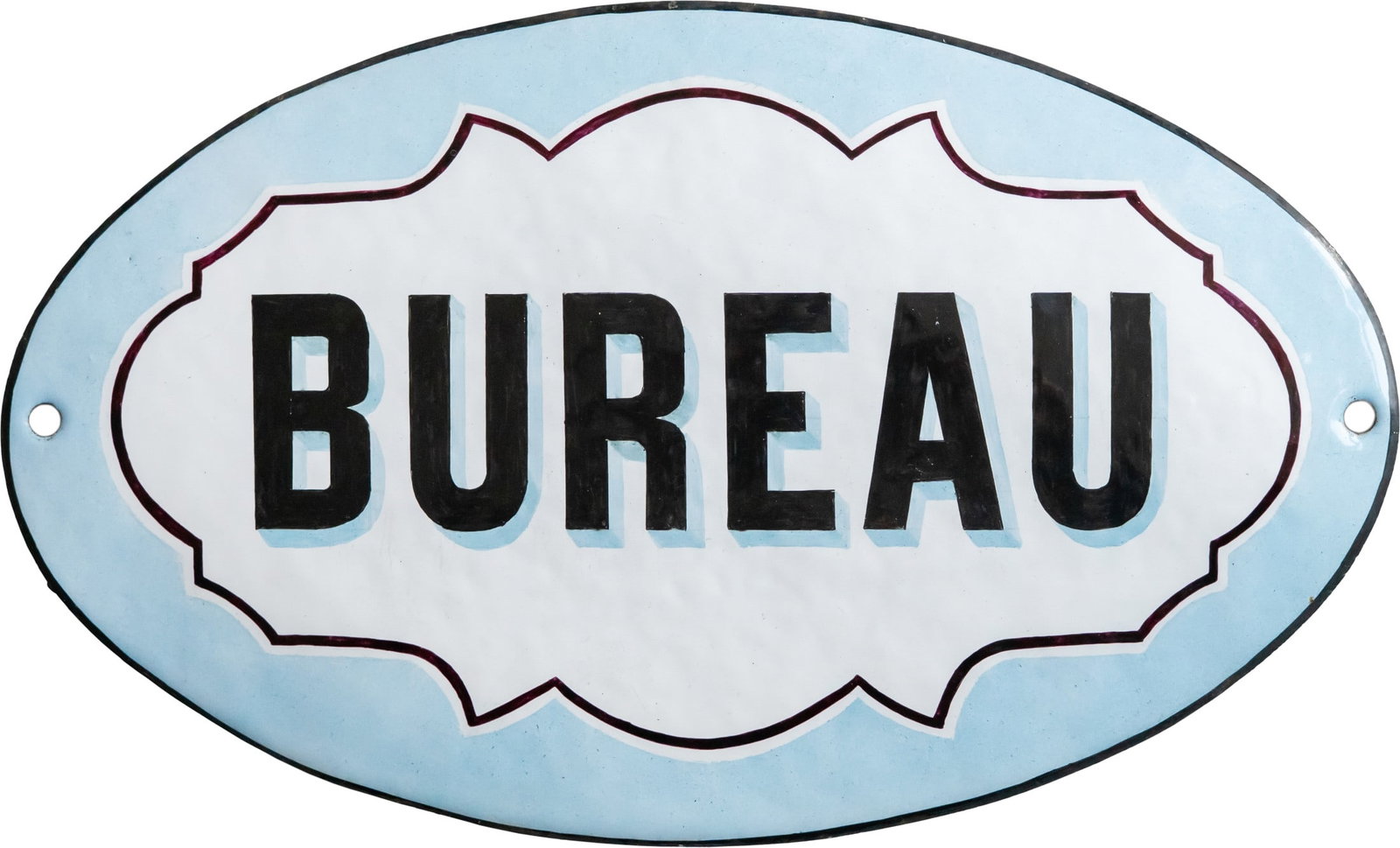 Enamel sign, ‘Bureau’, in mint condition! France, c. 1920 (1++): Enamel sign, ‘Bureau’, in mint condition! France, c. 1920 (1++)Enamel sign, bureau, slightly domed, letters and lines drawn by hand, the blue border was created using a transfer. Perfect gloss and