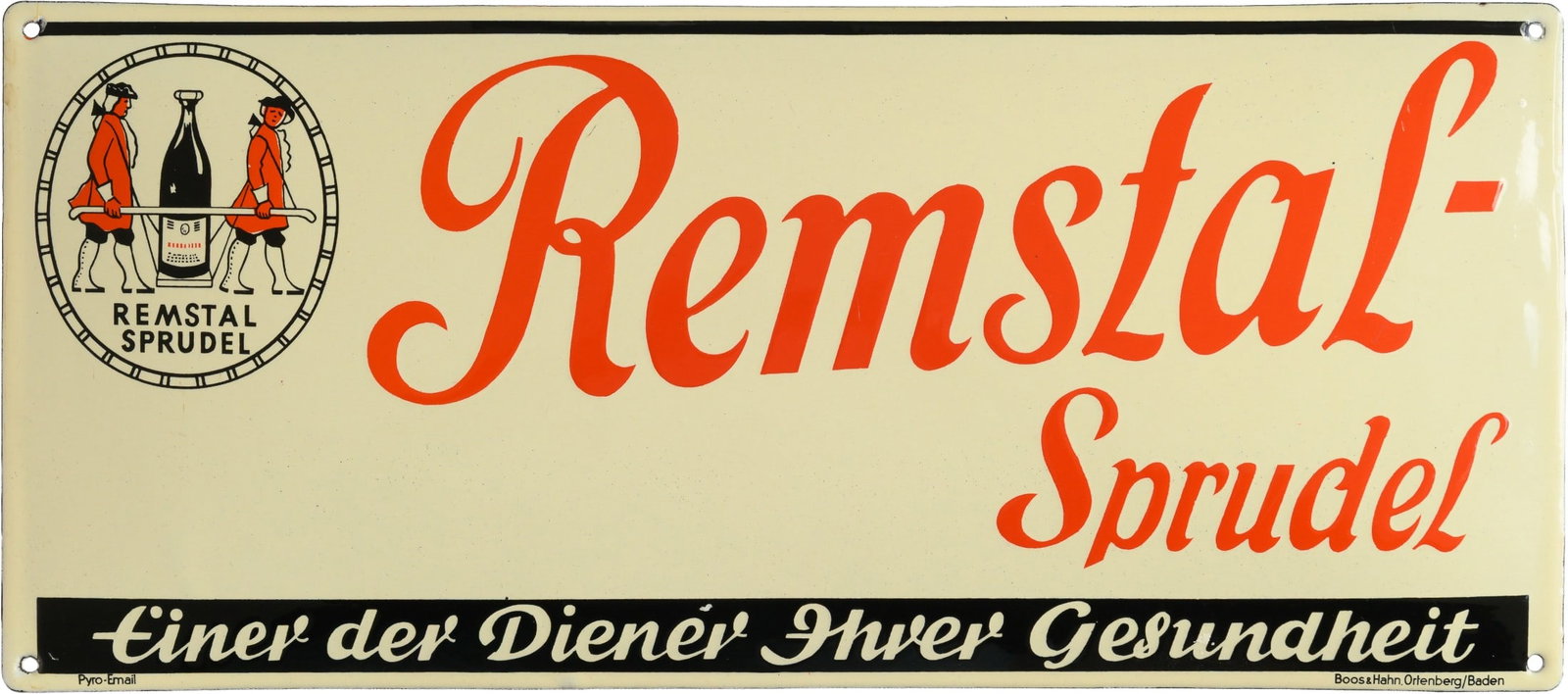 Remstal Sprudel Enamel Sign, Mint Condition! Remstal circa 1930 (1++): Remstal Sprudel Enamel Sign, Mint Condition! Remstal circa 1930 (1++)Remstal Sprudel enamel sign, convex, stenciled and printed enamel. Freshly fired, high gloss and perfect colors, surface virtually 