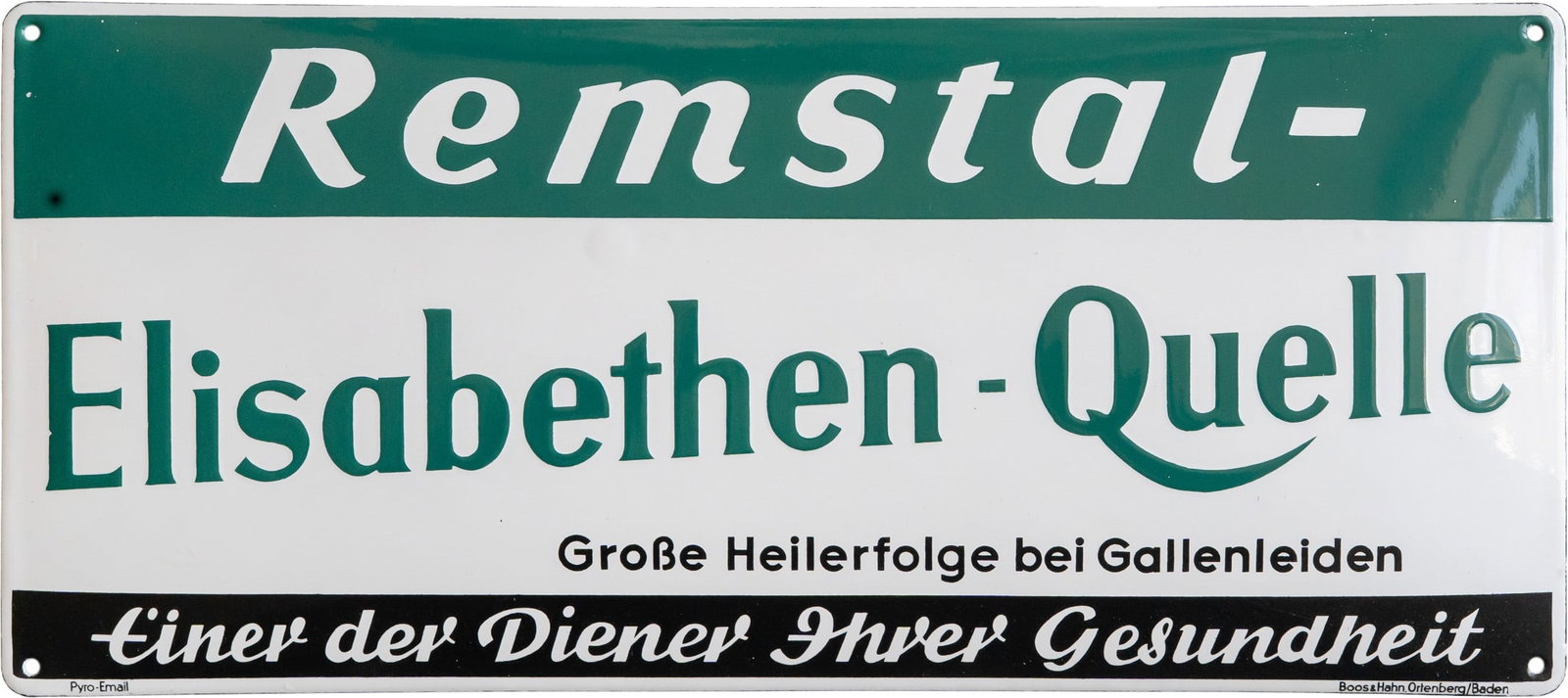 Enamel sign for the Remstal-Elisabethen-Quelle spring, in pristine condition! Remstal, circa 1930: Enamel sign for the Remstal-Elisabethen-Quelle spring, in pristine condition! Remstal, circa 1930 (1++)Enamel sign for the Remstal-Elisabethen-Quelle spring, convex, enamel stenciled and printed. Insc
