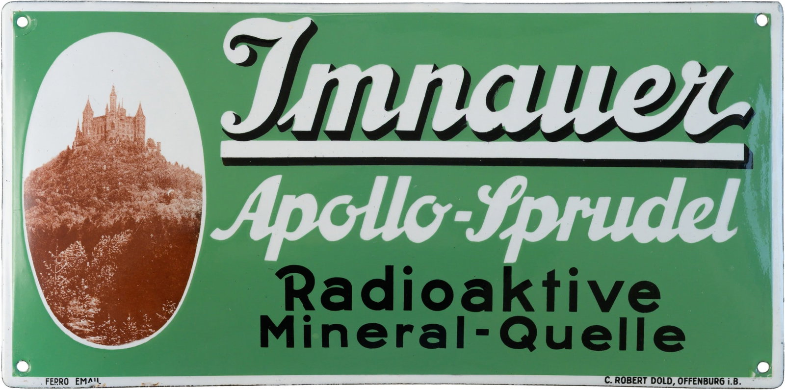 Enamel sign for Imnauer Apollo Sprudel, mint condition! Bad Imnau, circa 1920 (1++): Enamel sign for Imnauer Apollo Sprudel, mint condition! Bad Imnau, circa 1920 (1++)Enamel sign for Imnauer Apollo Sprudel, radioactive mineral spring, convex, enamel stenciled and lithographed. Very r