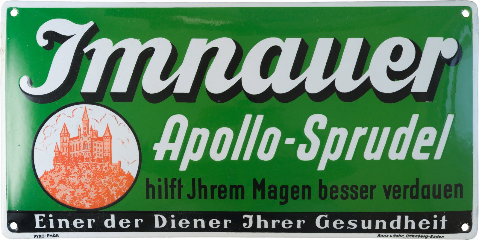 Imnauer Apollo Sprudel enamel sign, mint condition! Bad Imnau, circa 1930 (1++) (1 of 7)