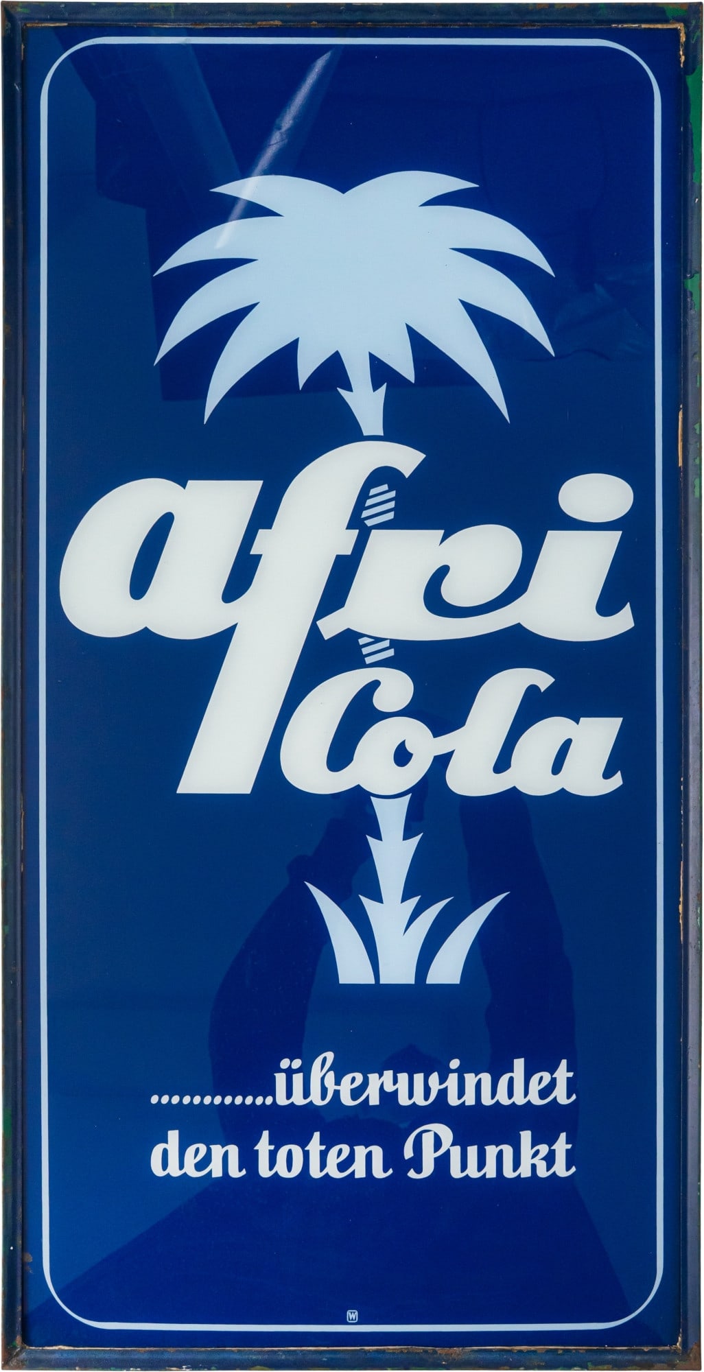 Afri Cola advertising sign...overcoming the dead spot, Cologne, c. 1960 (1): Afri Cola advertising sign...overcoming the dead spot, Cologne, c. 1960 (1)Glass sign in its original metal frame, reverse-printed. Very good condition, deep cobalt blue. The glass is completely undam