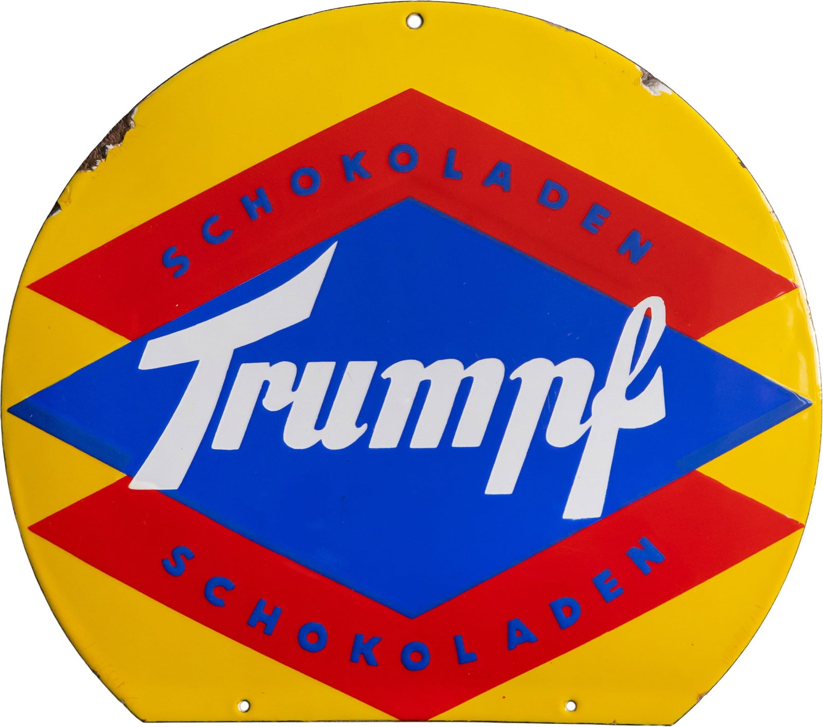 Enamel sign for Trumpf Chocolates, Bergisch Gladbach, circa 1930 (1-): Enamel sign for Trumpf Chocolates, Bergisch Gladbach, circa 1930 (1-)Enamel sign for Trumpf Chocolates, convex, stenciled enamel. High-gloss, virtually scratch-free surface and vibrant colors. Wonderf