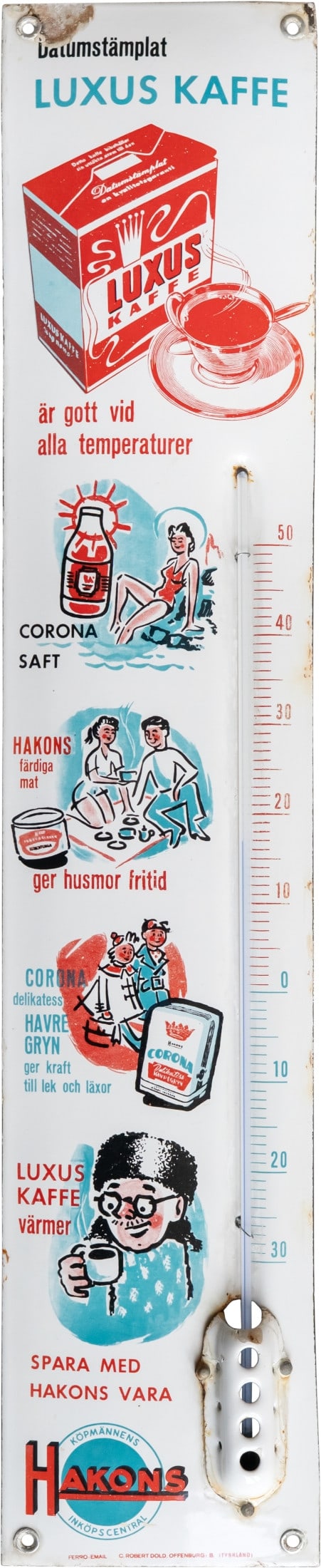 Hakons Luxus Kaffe enamel sign, Sweden, c. 1950 (1-): Hakons Luxus Kaffe enamel sign, Sweden, c. 1950 (1-)Hakons Luxus Kaffe enamel sign, domed, with lithographed enamel decoration. A whimsical thermometer that brilliantly captures the spirit of the 1950