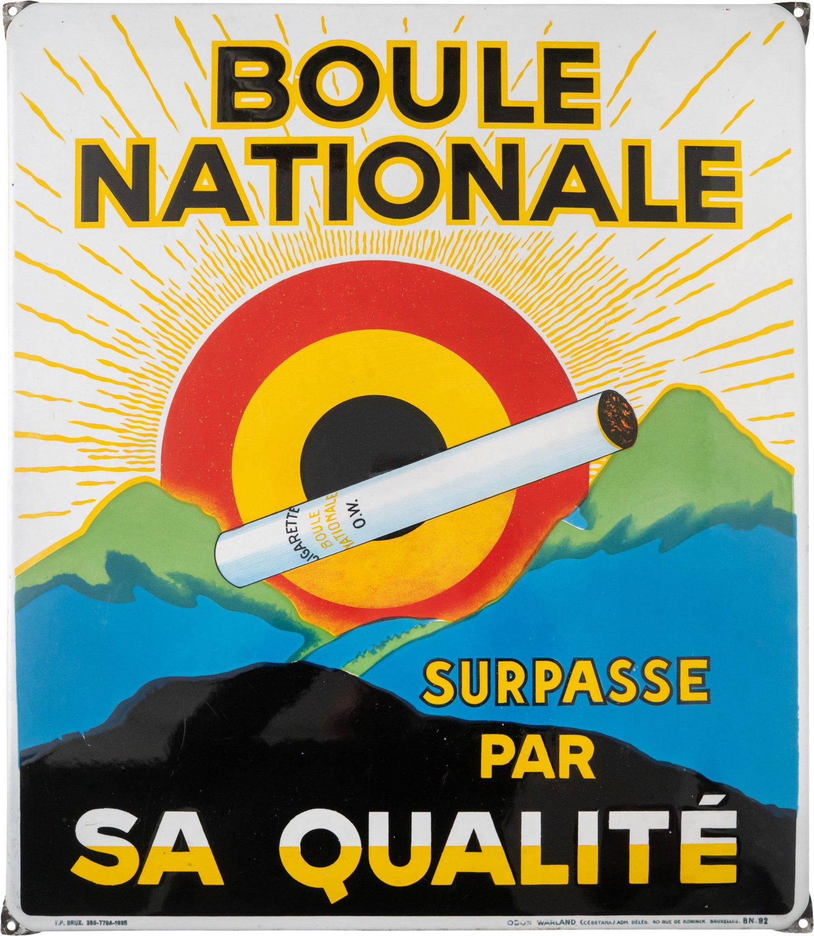 Enamel badge, Boule Nationale, Cigarette, Belgium, dated 1935 (1-): Enamel badge, Boule Nationale, Cigarette, Belgium, dated 1935 (1-)Enamel badge, Boule Nationale Cigarette, flat, bevelled, with stenciled and lithographed enamel work. A riot of colour, this design re