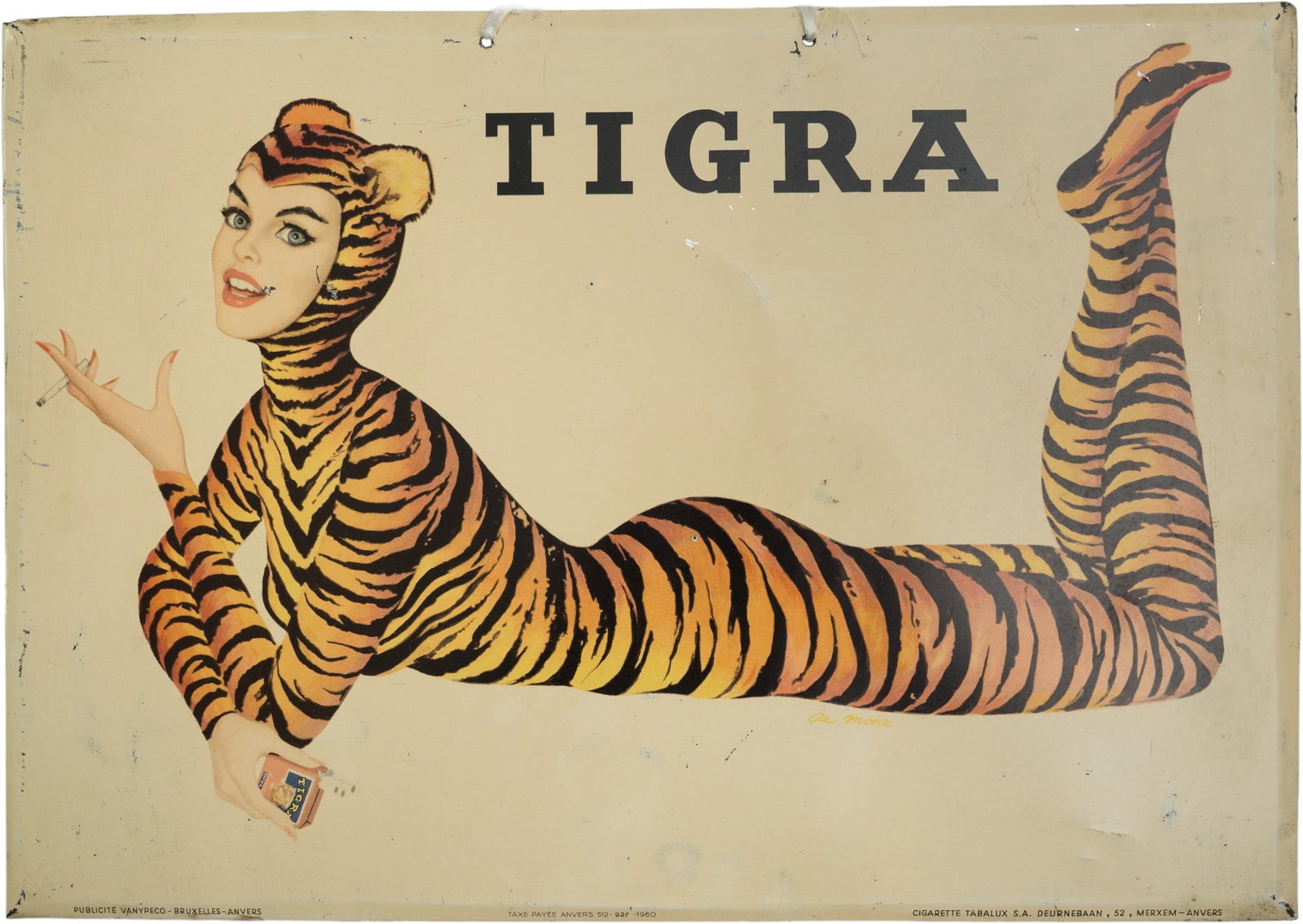 Tigra cigarette tin sign, signed: Al Moore, Belgium, dated 1960 (2): Tigra cigarette tin sign, signed: Al Moore, Belgium, dated 1960 (2)Tigra tin sign, flat, with a 45-degree angled edge. Iconic, strikingly staged motif of an elegant lady in a tiger costume, confidentl