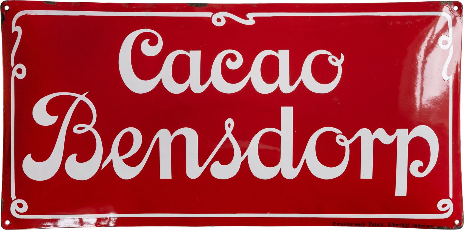 Enamel sign, Cacao Bensdorp, Netherlands, c. 1910 (1): Enamel sign, Cacao Bensdorp, Netherlands, c. 1910 (1)Enamel sign, Cacao Bensdorp, strongly domed, stenciled enamel work. Wonderful Art Nouveau ornamentation, high-gloss finish, virtually scratch-free 