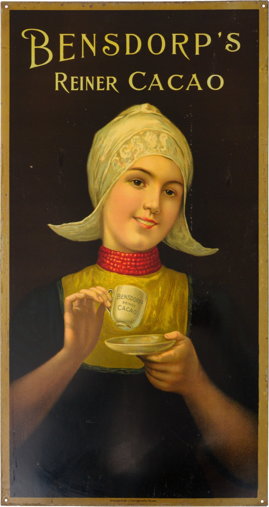 Bensdorp’s Reiner Cacao tin sign, in pristine condition! Amsterdam, c. 1910 (1): Bensdorp’s Reiner Cacao tin sign, in pristine condition! Amsterdam, c. 1910 (1)Bensdorp tin sign, flat with a crimped edge. The Bensdorp cocoa lady stands out gracefully against the dark background 