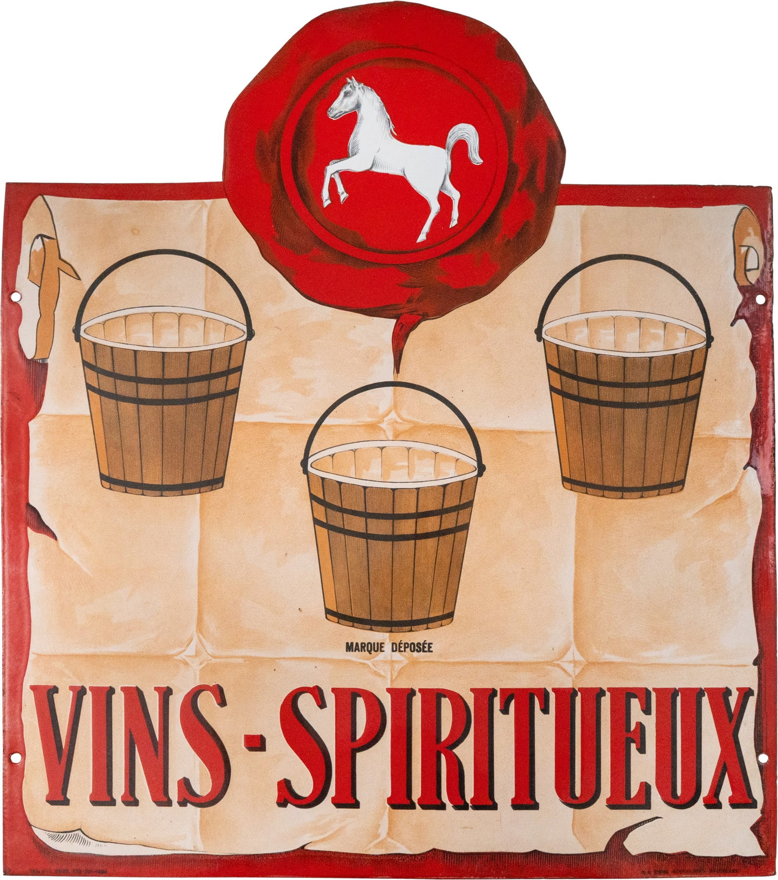 Enamel sign for Vins-Spiritueux, in mint condition! Belgium, dated 1934 (1+): Enamel sign for Vins-Spiritueux, in mint condition! Belgium, dated 1934 (1+)Extremely rare Vins-Spiritueux enamel sign in pristine condition! Flat, stenciled enamel and finely lithographed. Fresh-from