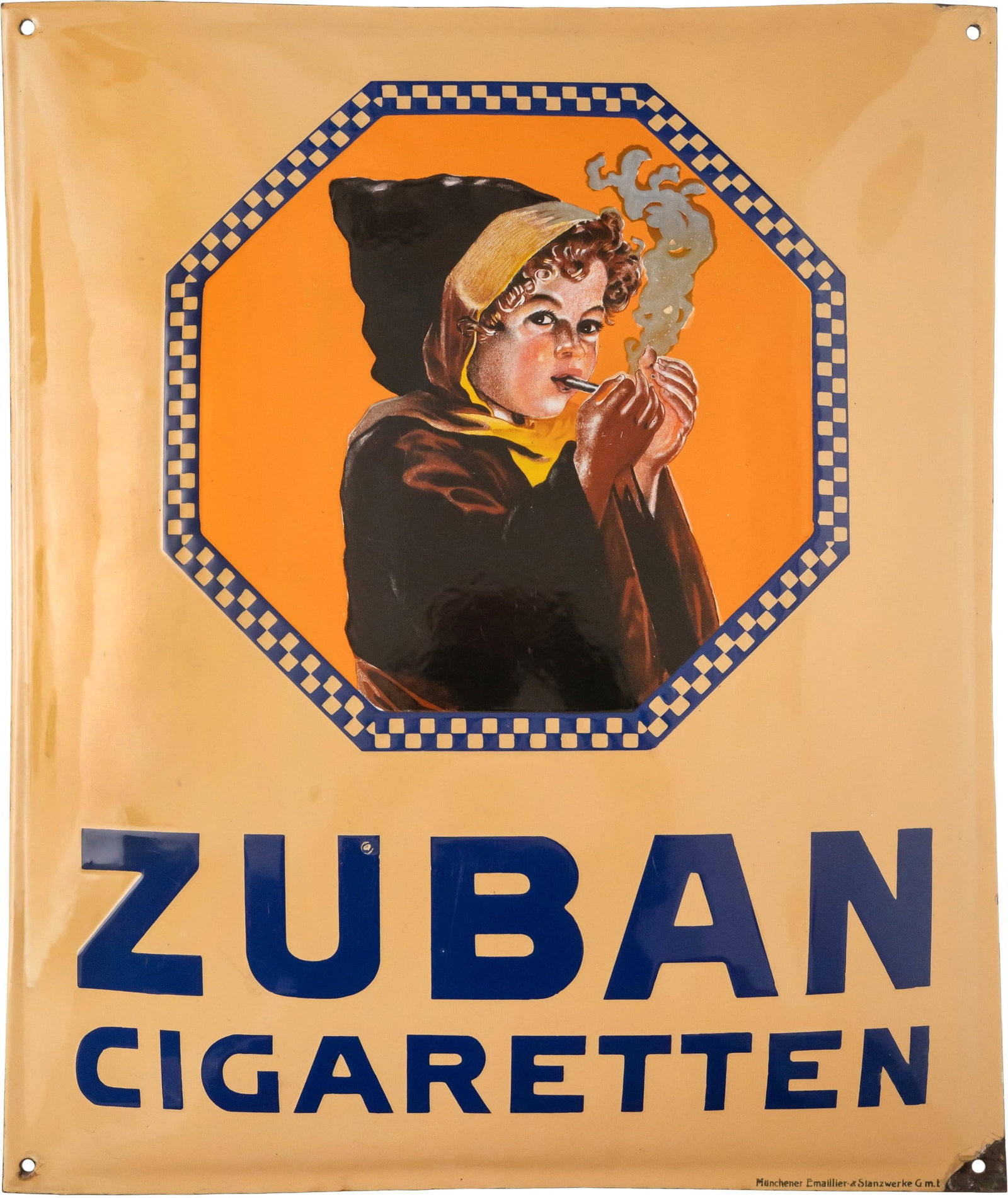 Zuban Cigarettes enamel sign, Träger Collection, Munich, c. 1920 (1-): Zuban Cigarettes enamel sign, Träger Collection, Munich, c. 1920 (1-)Zuban Cigarettes enamel sign, domed, stenciled and lithographed. It is truly fascinating to hold the Zuban child in such splendour