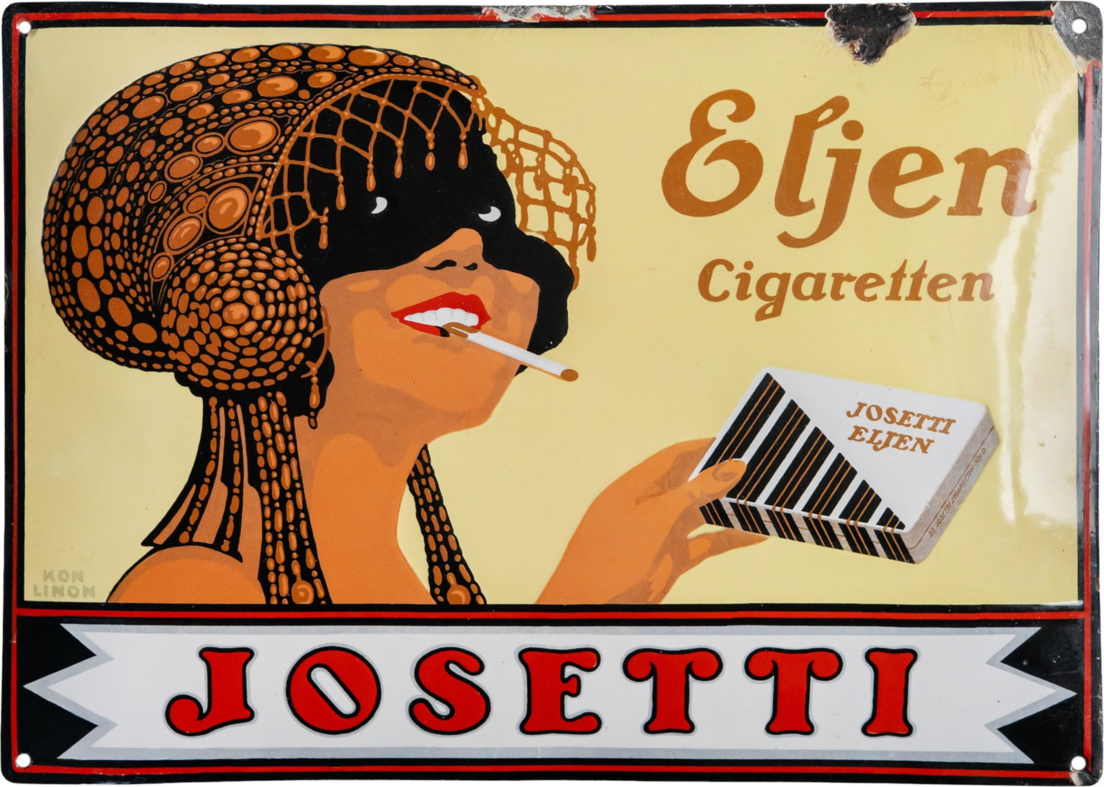 Josetti Eljen Cigarettes enamel sign, Berlin, c. 1920 (2-/R): Josetti Eljen Cigarettes enamel sign, Berlin, c. 1920 (2-/R)Josetti Eljen enamel sign, domed, with stenciled and lithographed enamel work. We are delighted to be able to offer you another Josetti Elje
