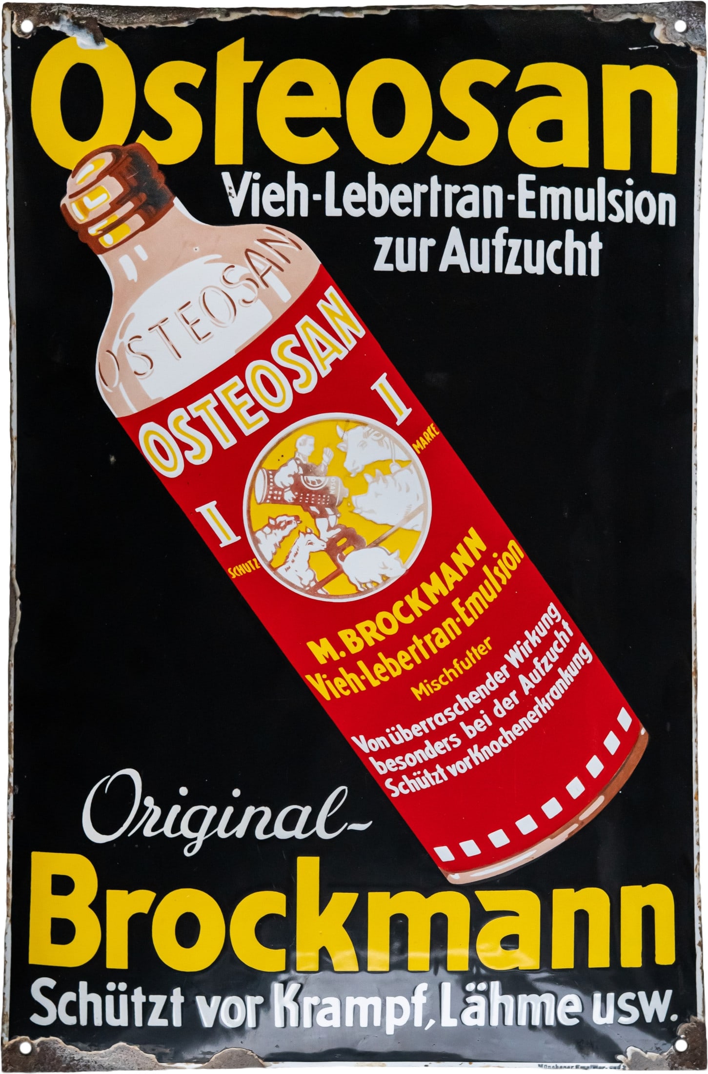 Enamel sign Osteosan, Brockmann, Leipzig circa 1920 (2): Enamel sign Osteosan, Brockmann, Leipzig circa 1920 (2)Enamel sign Osteosan, curved with bevelled edges, stenciled and lithographed enamel. Very good gloss, good colours, isolated very fine surface sc
