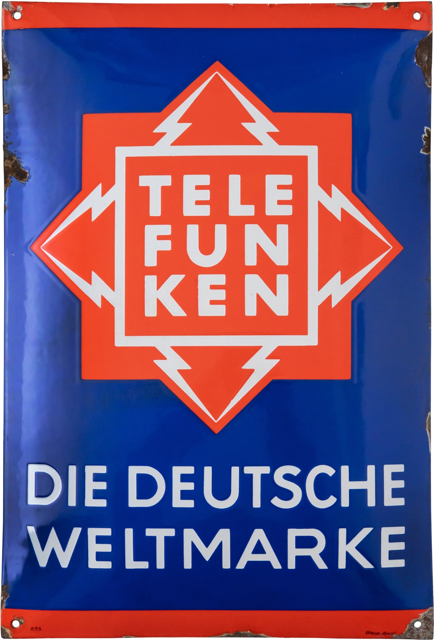 Telefunken enamel sign, "Die deutsche Weltmarke", Berlin, c. 1930 (2): Telefunken enamel sign, "Die deutsche Weltmarke", Berlin, c. 1930 (2)Telefunken enamel sign, domed, stenciled enamel work. Good lustre and very good colours, hardly any superficial scratches, a small 