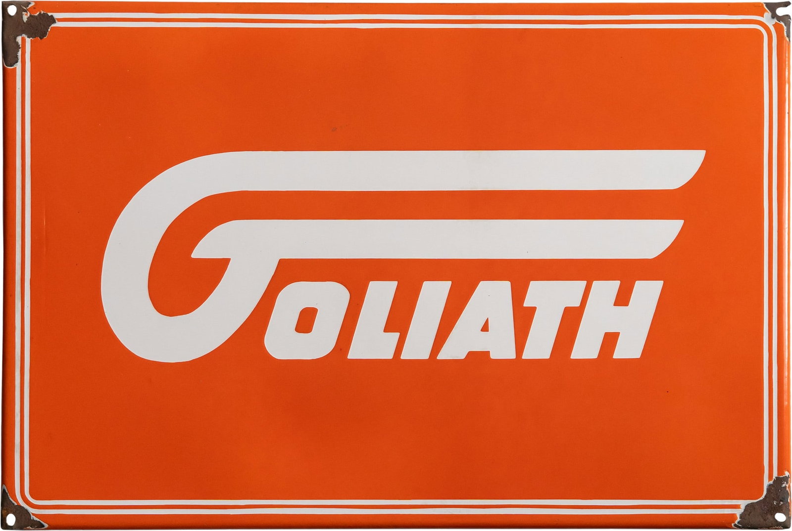 Goliath Automobile Enamel Sign, Bremen-Hastedt, circa 1950 (2+): Goliath Automobile Enamel Sign, Bremen-Hastedt, circa 1950 (2+)Goliath enamel sign, flat, beveled edges, stenciled enamel. Very good gloss and color, vibrant, virtually scratch-free orange. Original m