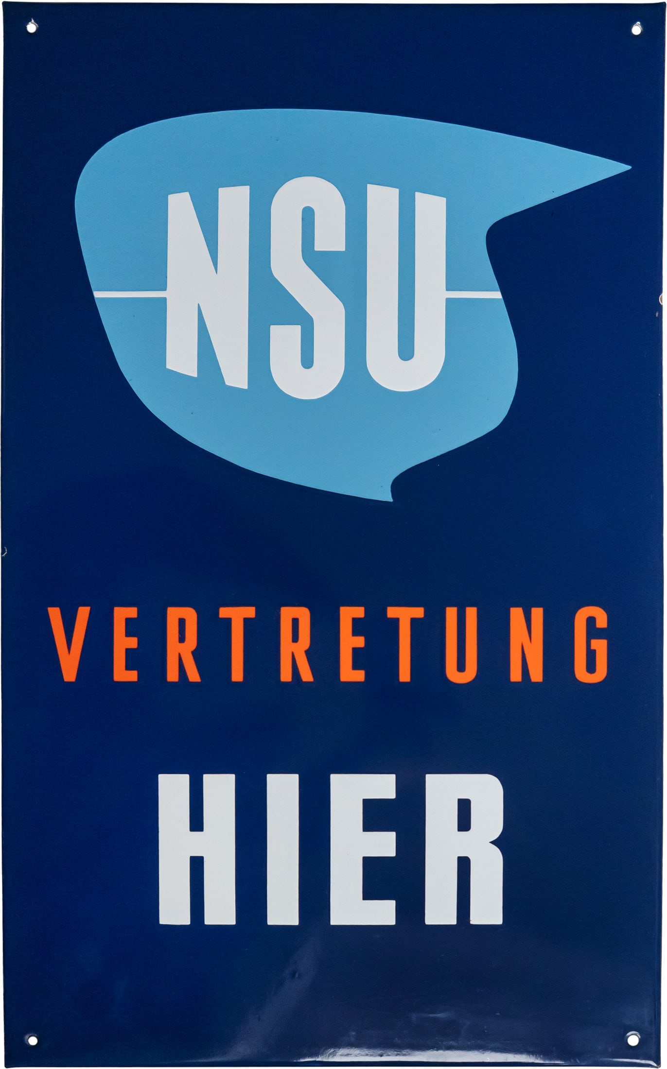 NSU dealership enamel sign, in stunning condition! Neckarsulm, dated 1954 (1+): NSU dealership enamel sign, in stunning condition! Neckarsulm, dated 1954 (1+)NSU enamel sign, flat, bevelled. Stencil-applied enamel. Virtually scratch-free high-gloss finish, perfect colours. Dimens
