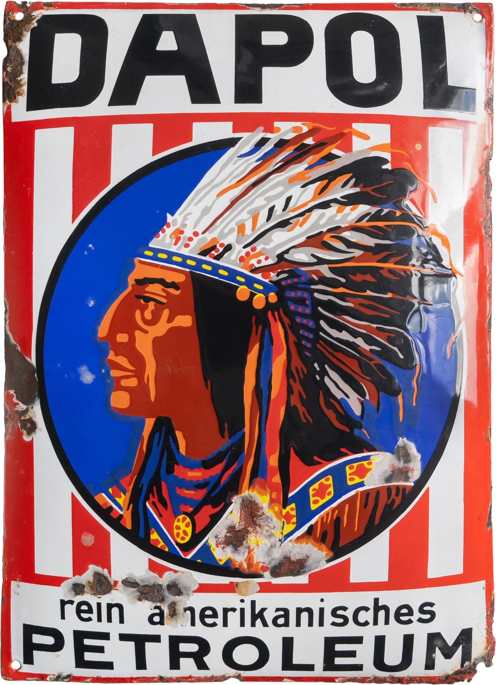 Dapol Petroleum enamel sign, Hamburg, c. 1910 (3+): Dapol Petroleum enamel sign, Hamburg, c. 1910 (3+)Dapol Petroleum enamel sign, domed, with raised stenciled enamel. Remarkably beautiful high gloss and intense colours. A few superficial micro-scratch