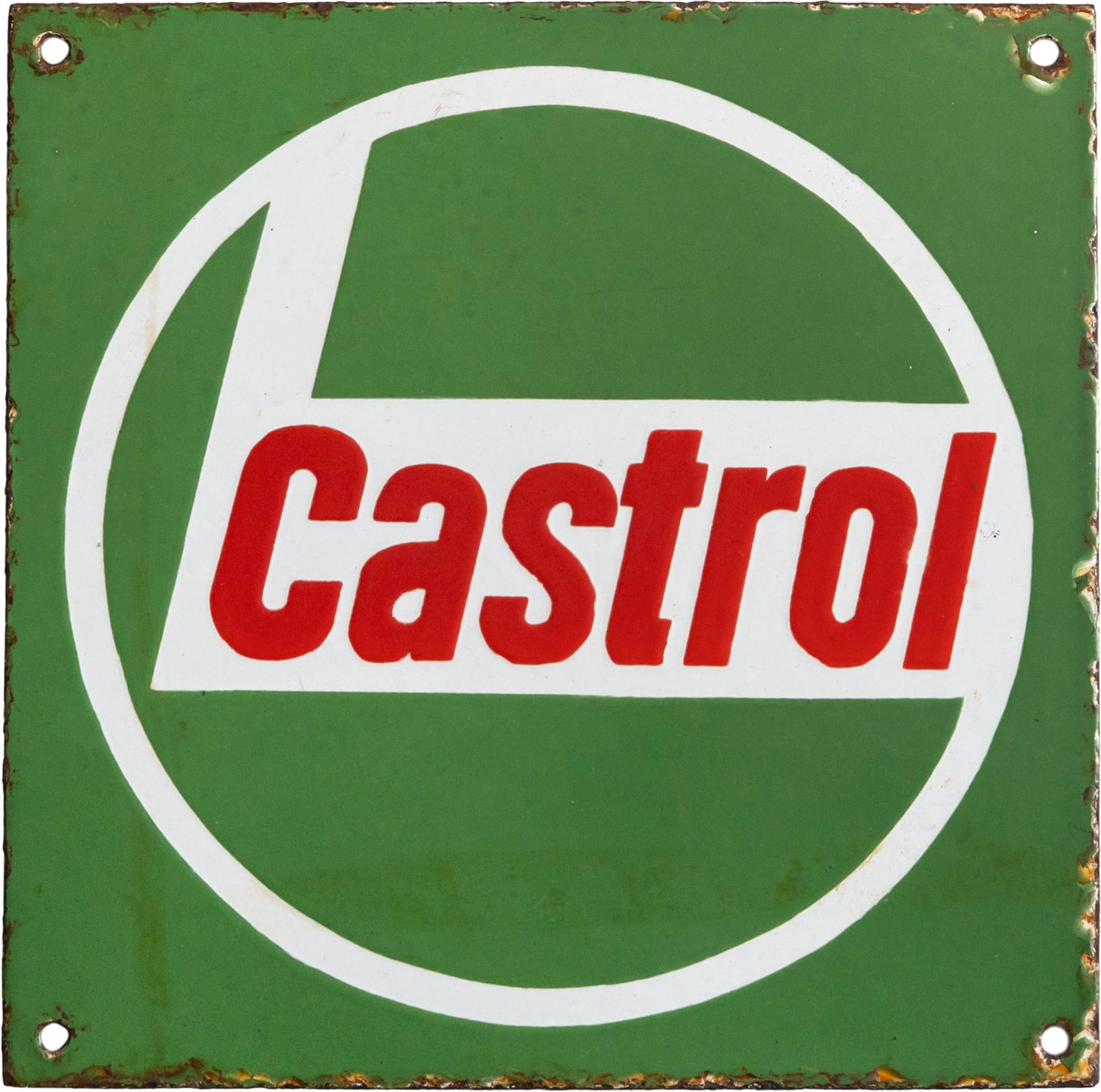 Castrol Motor Oil Enamel Sign, circa 1950 (1): Castrol Motor Oil Enamel Sign, circa 1950 (1)Castrol enamel sign, flat, stenciled enamel. Excellent gloss and vibrant colors, surface virtually scratch-free. No restorations or other alterations, cond
