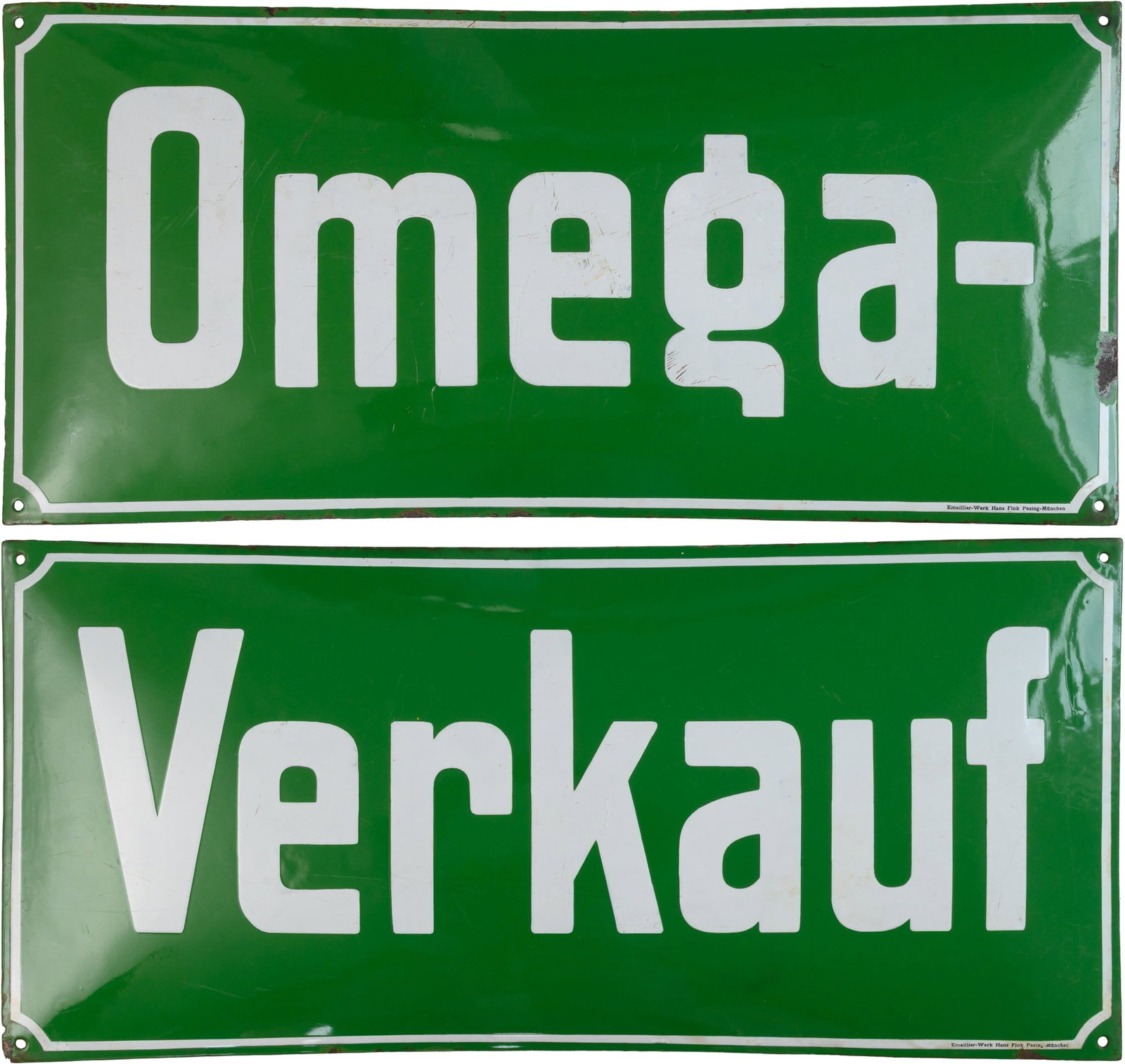 Two enamel signs, "Omega" and "Verkauf", Hans Fink Enamel Works, c. 1920 (1-) (1 of 14)