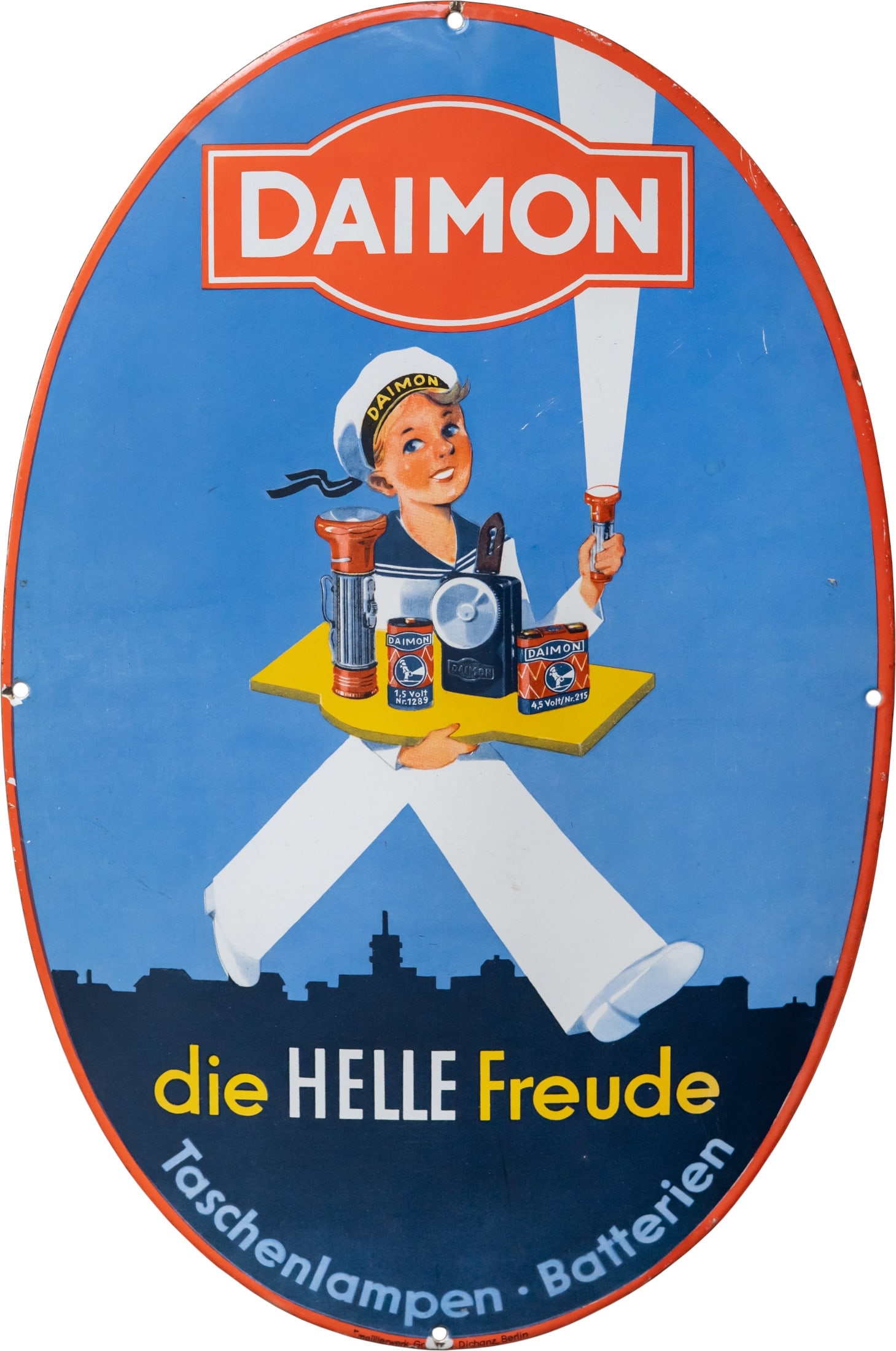 Daimon enamel sign, BRIGHT joy, dreamlike lustre and colours! Berlin, c. 1950 (1): Daimon enamel sign, BRIGHT joy, dreamlike lustre and colours! Berlin, c. 1950 (1)Daimon enamel sign, domed, with stenciled and lithographed enamel work. Almost perfect in lustre and colour, which is r