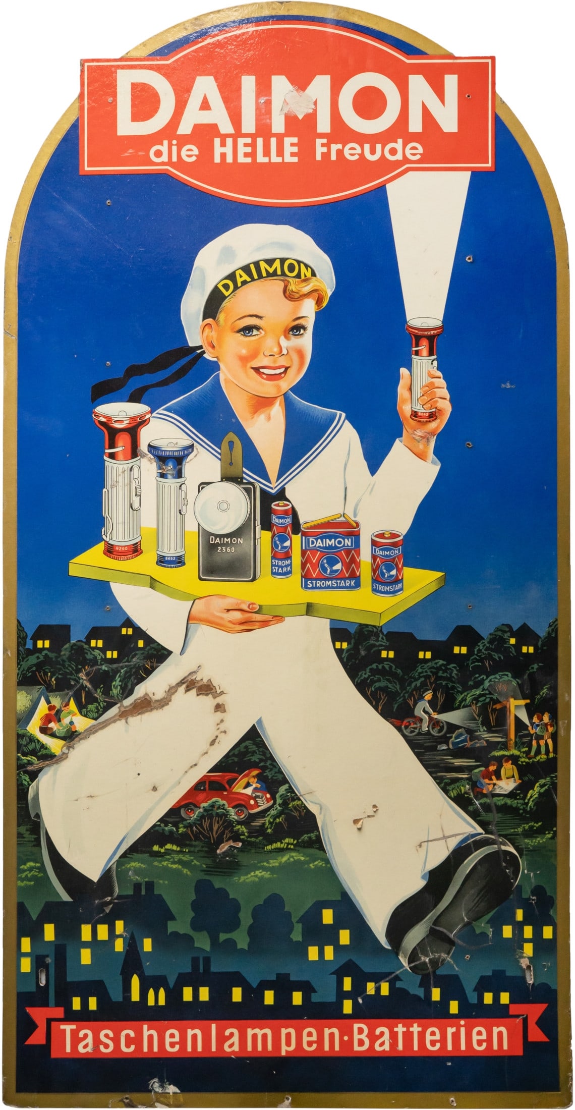 Daimon advertising display, "The Bright Joy," Berlin, circa 1950 (3): Daimon advertising display, "The Bright Joy," Berlin, circa 1950 (3)Large-format advertising display, Daimon, soft fiberboard, flat. Intense colors. Inscribed on the back: Property of Daimon Werke G.m