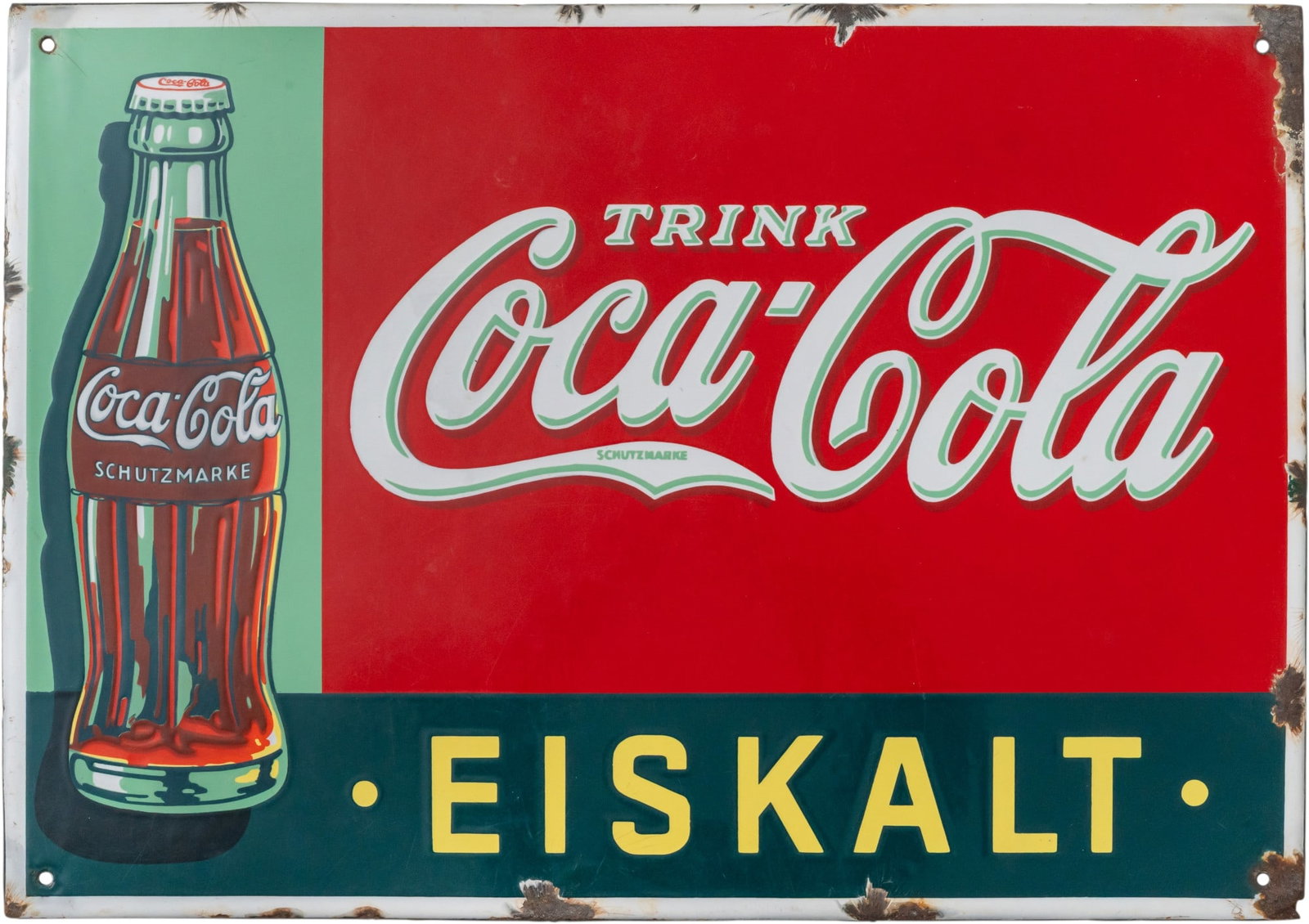 Enamel sign Coca Cola, Ice Cold, circa 1930 (2): Enamel sign Coca Cola, Ice Cold, circa 1930 (2)Enamel sign, flat edged, raised enamel stenciled and overprinted. Very intense colours, good gloss, fine superficial scratches. Backing material slightly