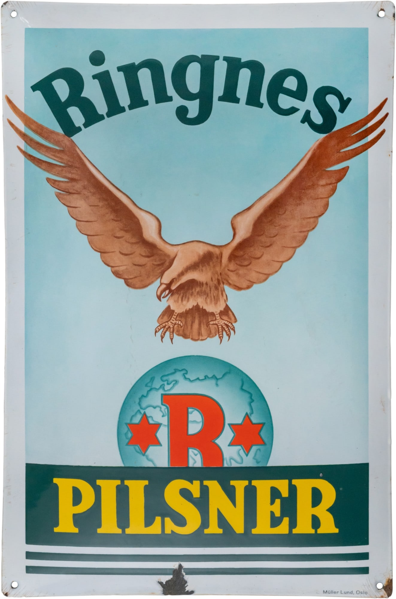 Enamel sign Ringnes Pilsner, Norway, circa 1930 (1-2): Enamel sign Ringnes Pilsner, Norway, circa 1930 (1-2)Enamel sign Ringnes Pilsner, curved. Enamelling stenciled and lithographed. Very good gloss and colour, surface almost scratch-free. Marked: Mülle