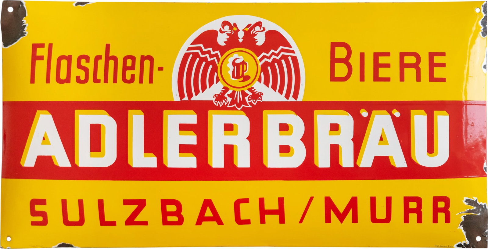 Enamel sign Adlerbräu, Sulzbach Murr, circa 1930 (2): Enamel sign Adlerbräu, Sulzbach Murr, circa 1930 (2)Enamel sign Adler Brewery, curved, stenciled enamel. Very good shine, rich colours, minimal micro-scratches that are only visible in light reflecti