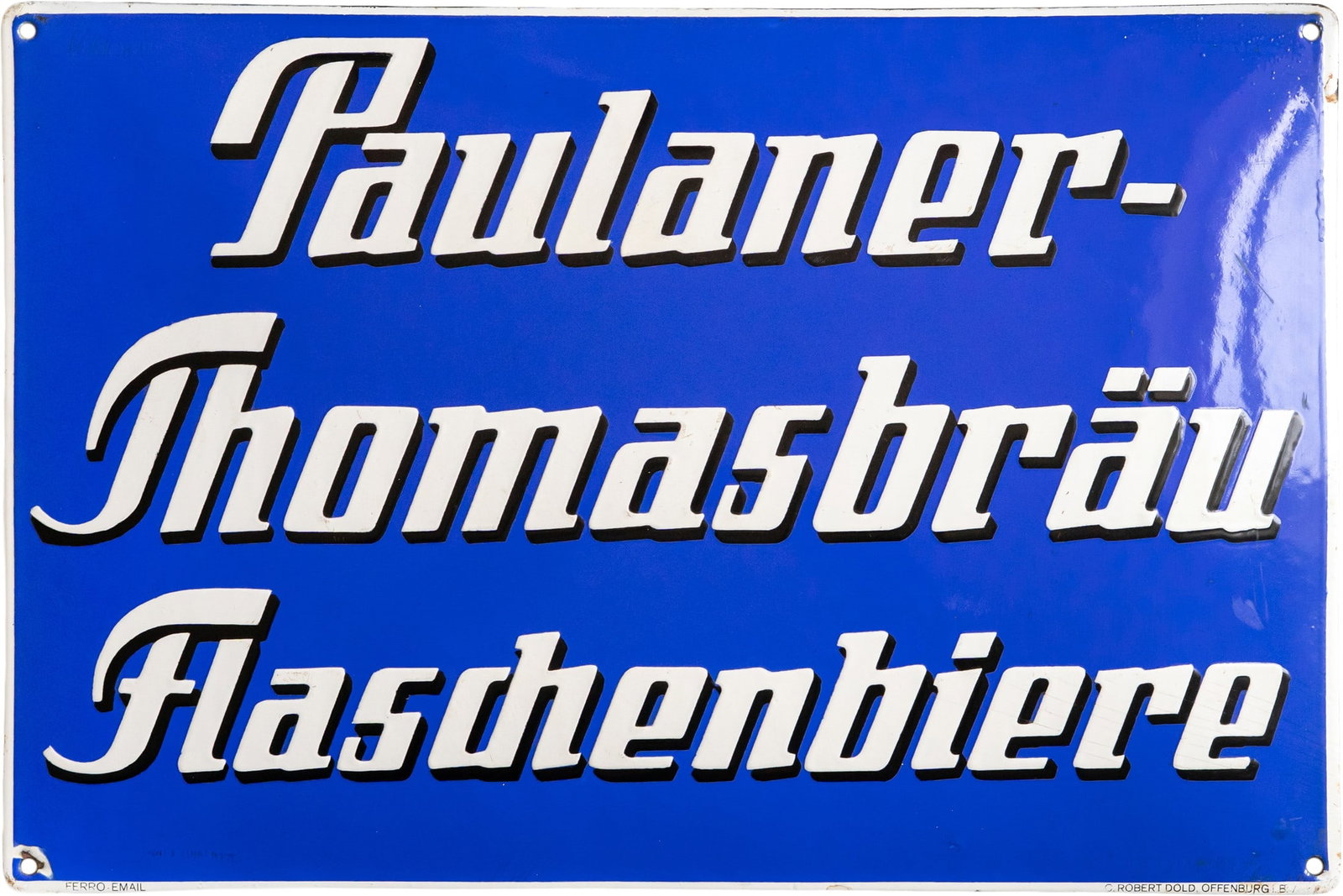 Paulaner Thomasbräu enamel sign, Munich, c. 1930 (1): Paulaner Thomasbräu enamel sign, Munich, c. 1930 (1)Paulaner Thomasbräu bottled beer enamel sign, domed, with raised stenciled enamel. High-gloss finish; excellent lustre, intense blue, with isolate