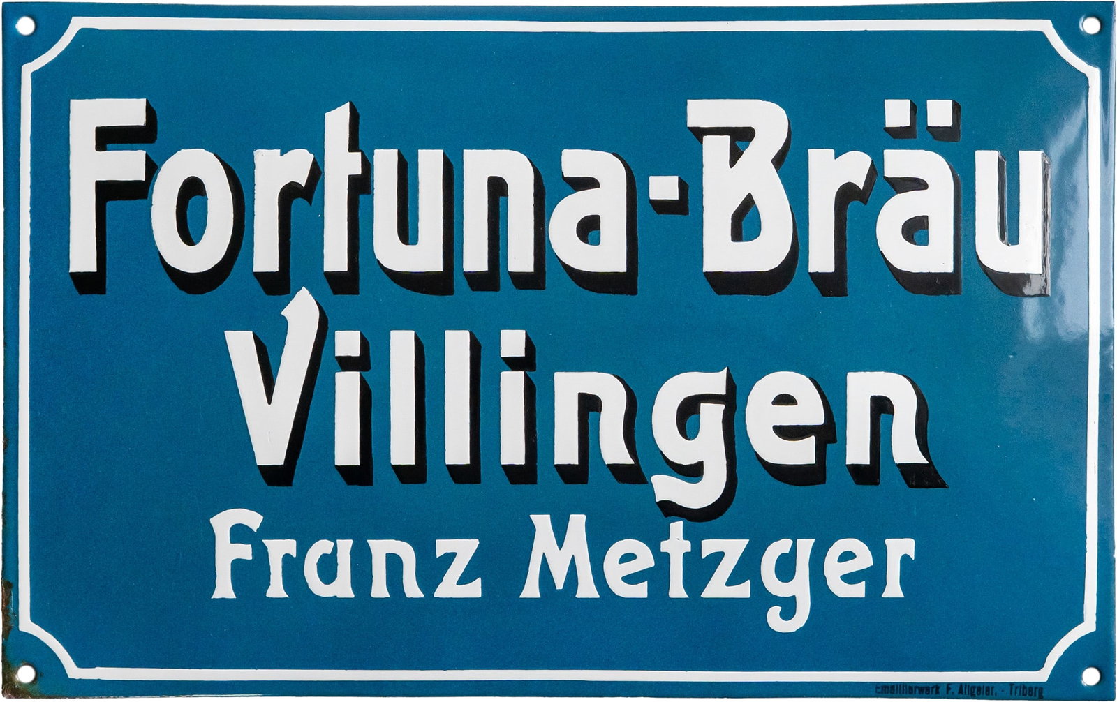 Enamel sign Fortuna-Bräu, Franz Metzger, Villingen, circa 1930 (1): Enamel sign Fortuna-Bräu, Franz Metzger, Villingen, circa 1930 (1)Enamel sign Fortuna Brewery, curved, stenciled enamel. Perfect shine and rich colours, only a few very fine micro-scratches. Marked: 