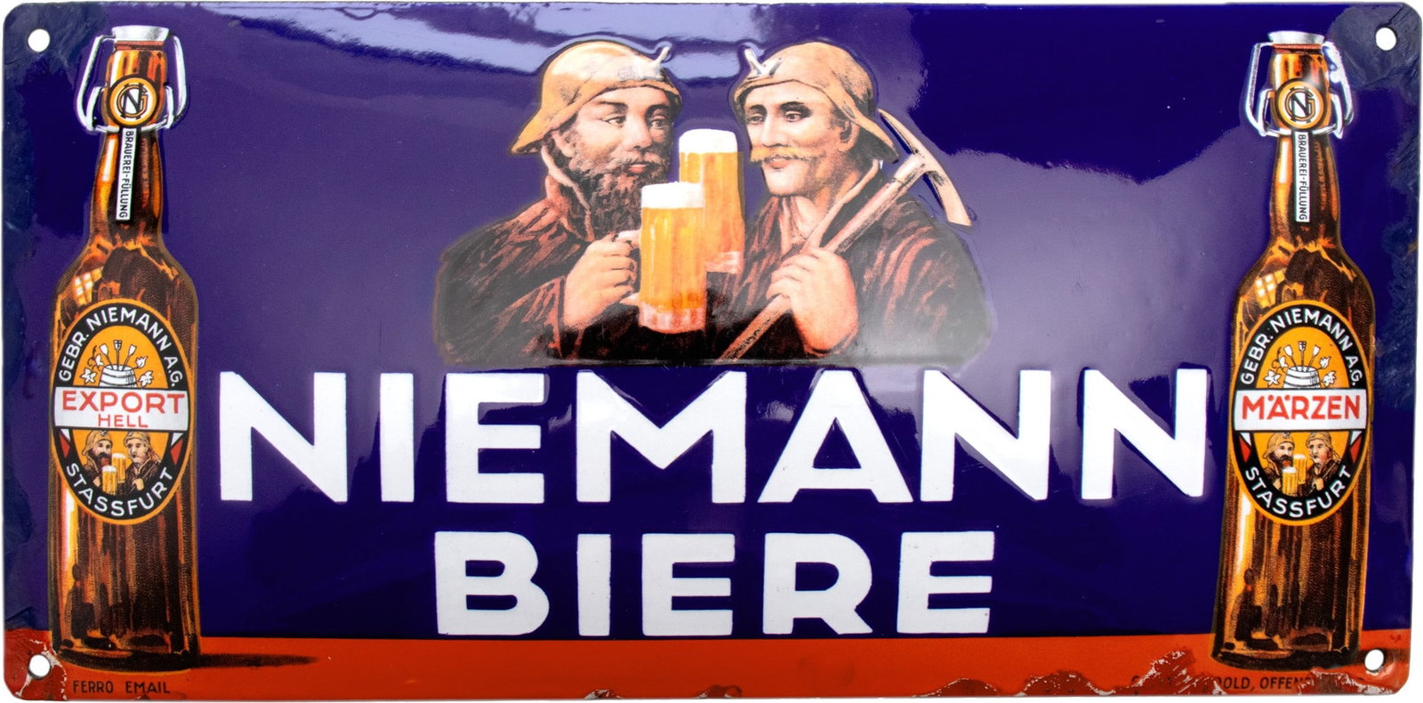 Niemann Biere enamel sign, Stassfurt, c. 1920 (2): Niemann Biere enamel sign, Stassfurt, c. 1920 (2)Enamel sign for the Gebrüder Niemann A.G. brewery, domed, with stenciled and lithographed enamel work. Perfect lustre and rich colours, with a few bar