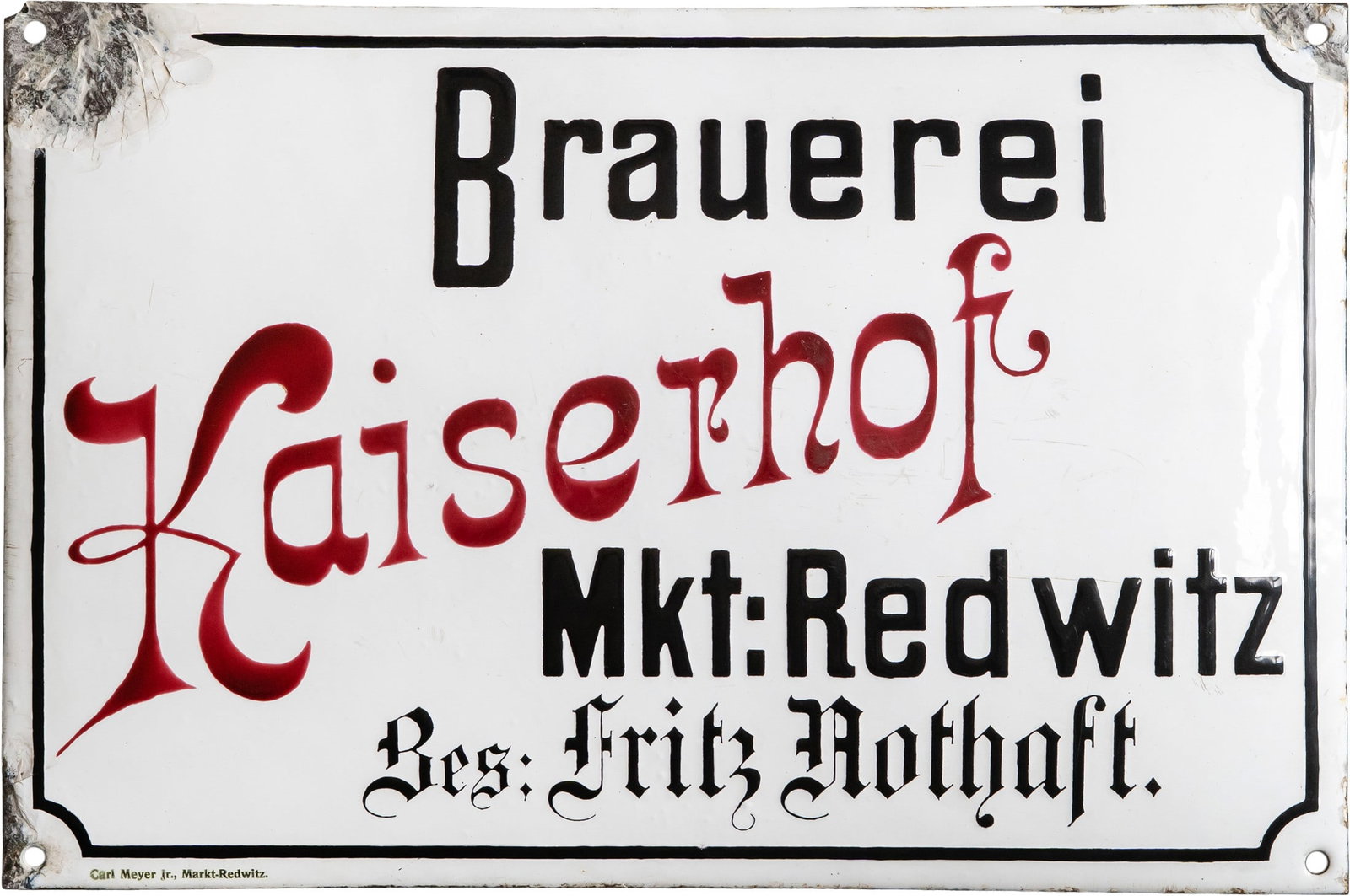 Enamel sign for the Kaiserhof Brewery, Fritz Nothaft, Marktredwitz, circa 1900 (2): Enamel sign for the Kaiserhof Brewery, Fritz Nothaft, Marktredwitz, circa 1900 (2)Enamel sign for the Kaiserhof Brewery, convex, with a very raised, icing-like enamel, filled in. This is the only know