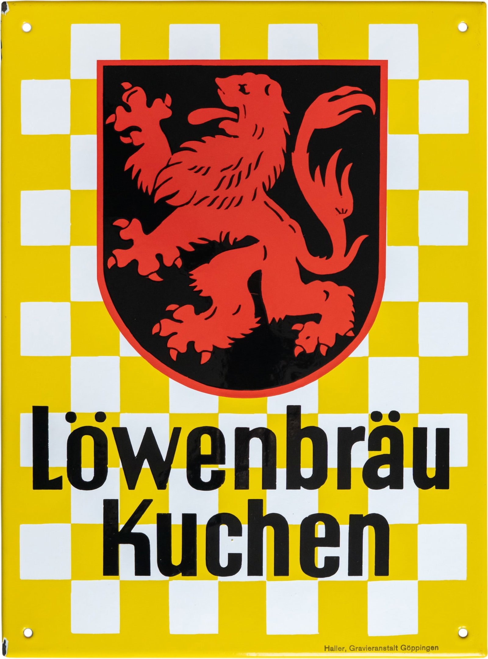 Enamel sign Löwenbräu, dream shine!, Kuchen, circa 1950 (1+): Enamel sign Löwenbräu, dream shine!, Kuchen, circa 1950 (1+)Enamel sign Löwenbräu Kuchen, flat, bevelled, stenciled enamel. Perfect in gloss and colours, surface almost scratch-free. Marked: Halle
