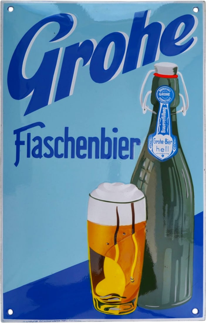 Grohe bottled beer enamel sign, in mint condition! Darmstadt, c. 1930 (1++): Grohe bottled beer enamel sign, in mint condition! Darmstadt, c. 1930 (1++)Grohe bottled beer enamel sign, domed. Enamelling applied using stencils and overprinted. High-gloss, virtually scratch-free 