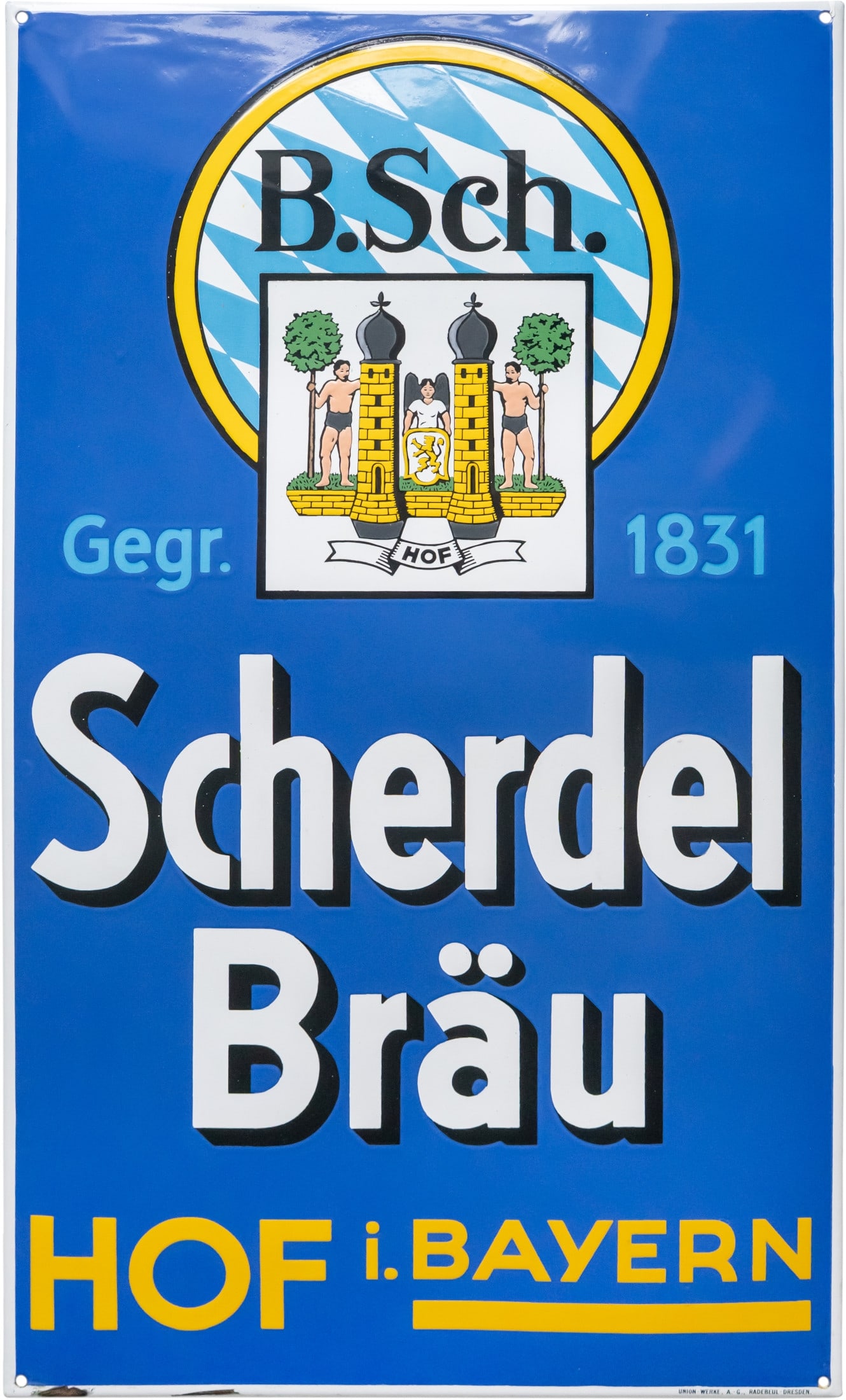 Enamel sign Scherdel Bräu, mint condition, farmyard circa 1950 (1+): Enamel sign Scherdel Bräu, mint condition, farmyard circa 1950 (1+)Enamel sign Scherdel Brewery, flat, bevelled edges, stenciled enamel. Perfect shine and colours, surface almost scratch-free. Marked